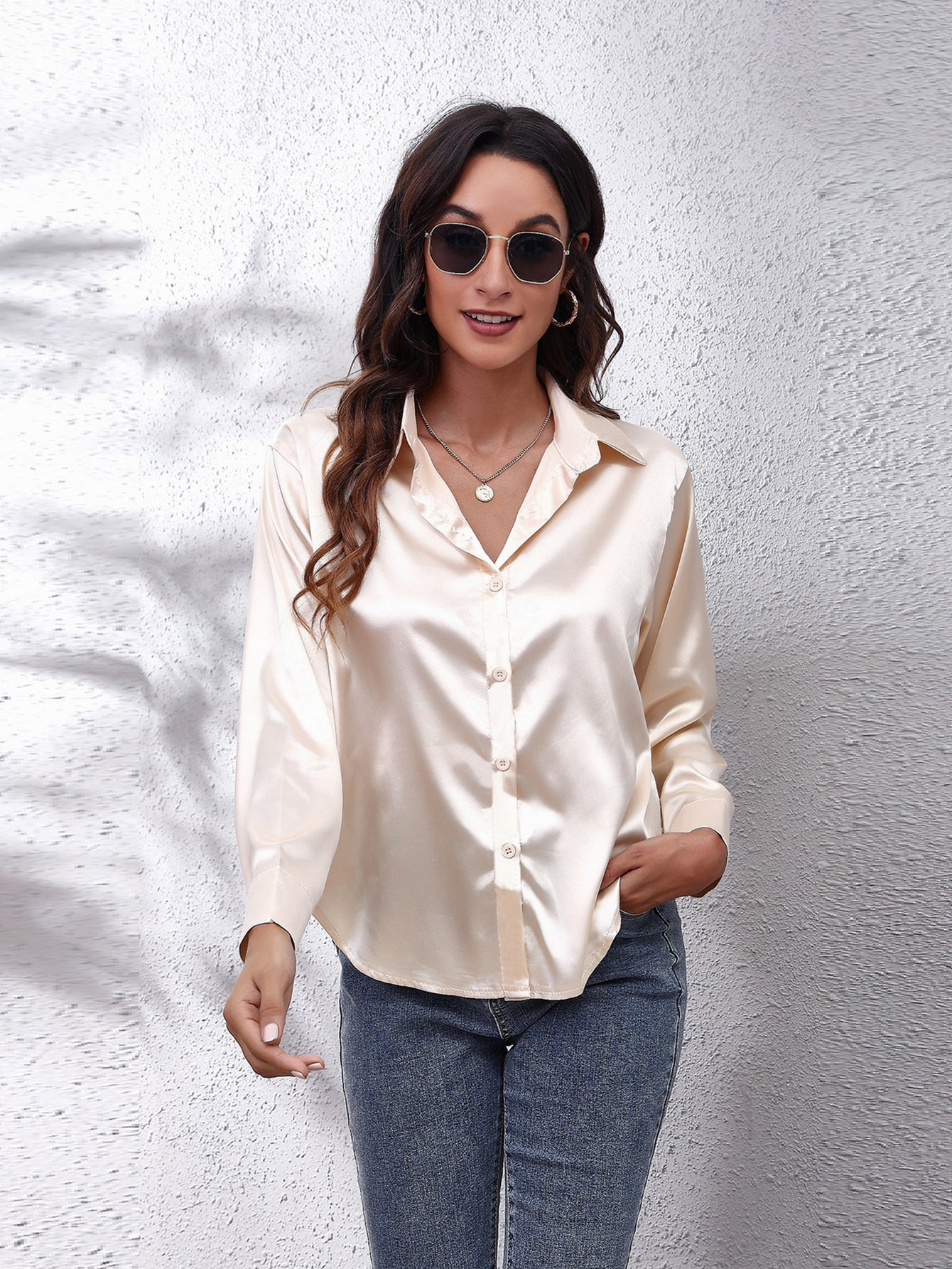 Solid Color Long Sleeve Button Down Tops, Business Casual Blouses For All Seasons, Women's Clothing