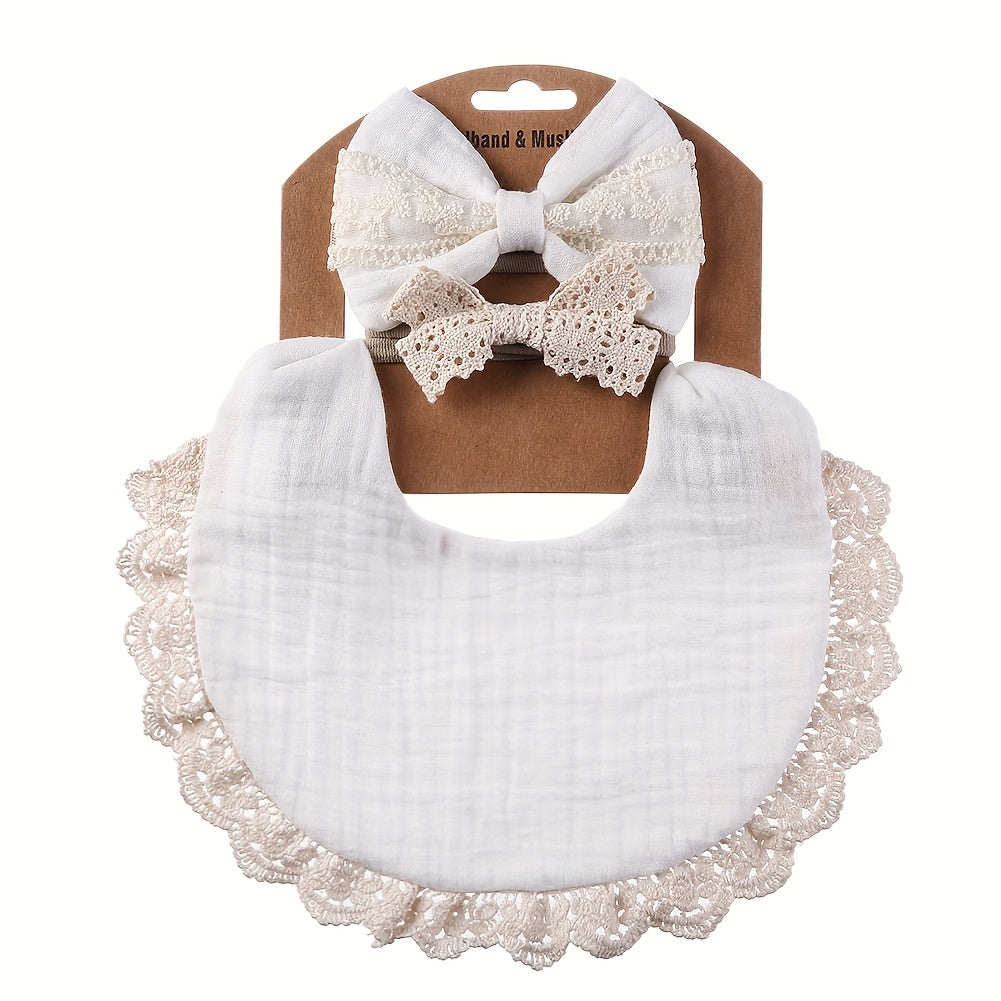 Two Headbands + One Bib Set, New Baby Bib, Kids Lace Bow Headband, Baby Crepe Stain Resistant Bib Set