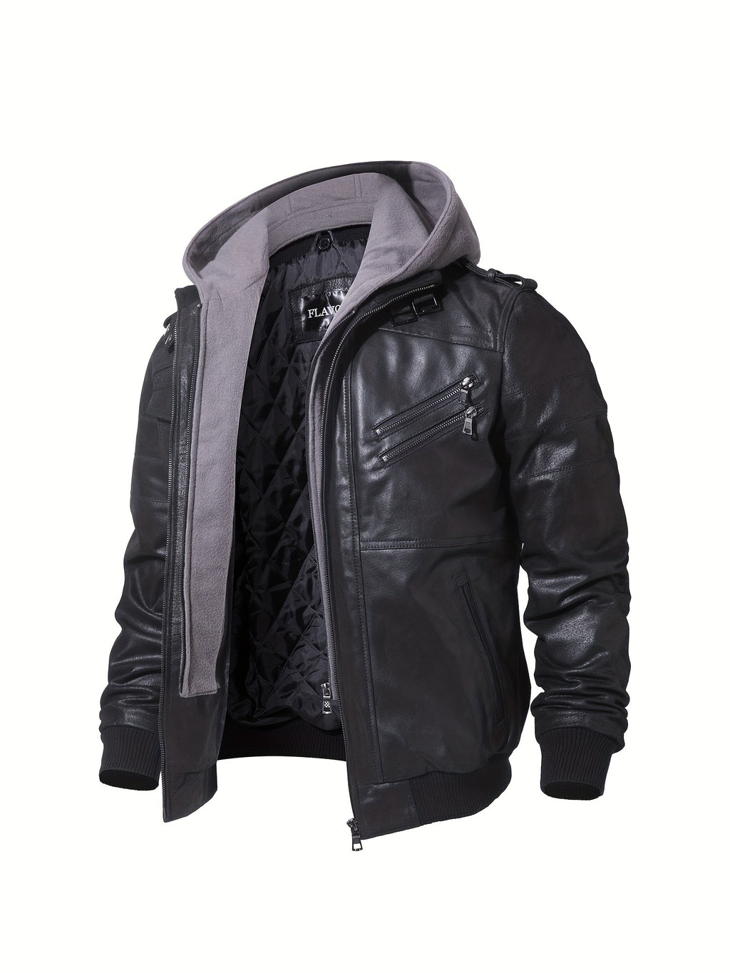 Men's Brown Leather Motorcycle Jacket with Removable Hood - FLAVOR