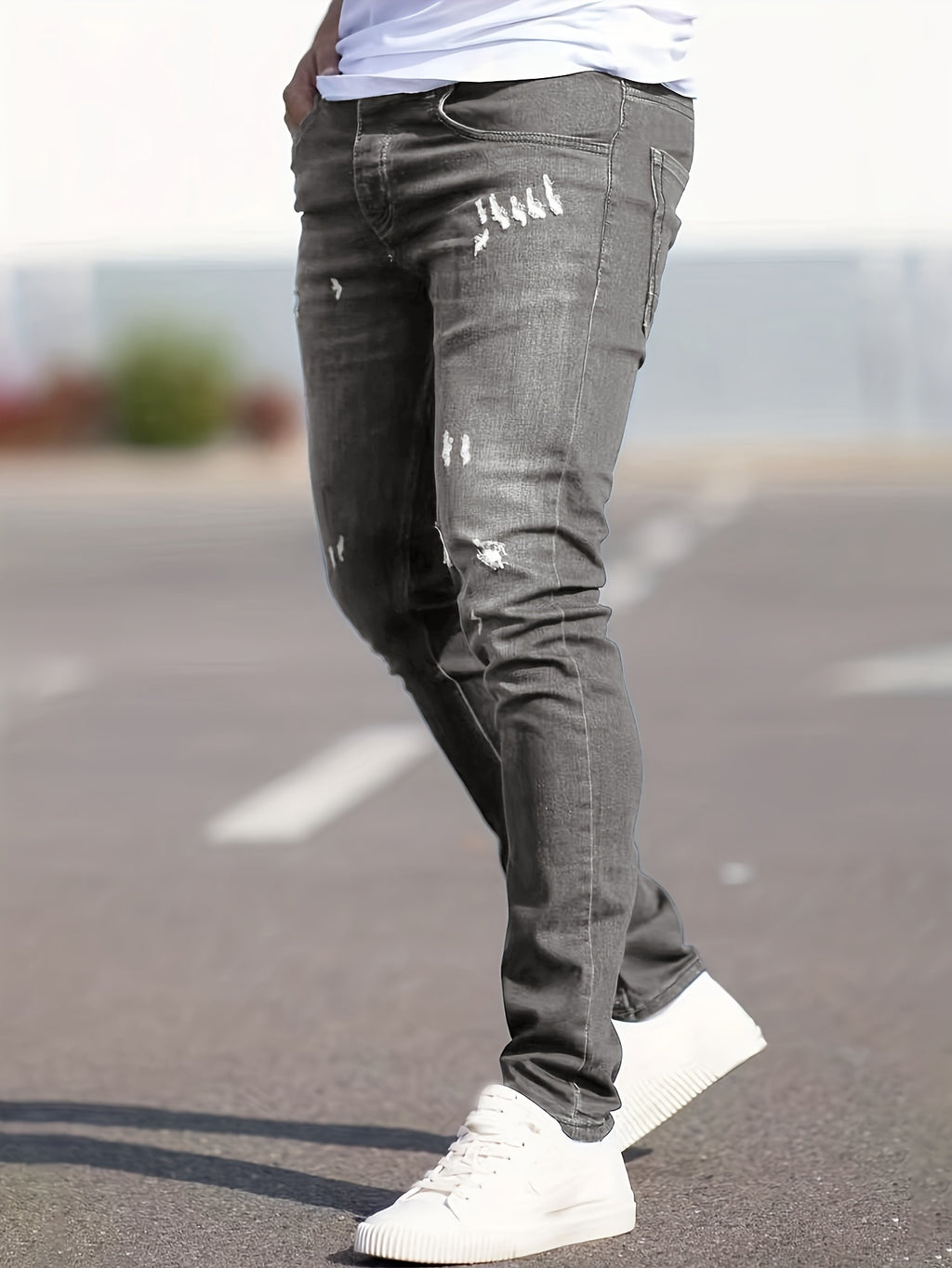 Slim Fit Ripped Jeans, Men's Casual Street Style Distressed Medium Stretch Denim Pants