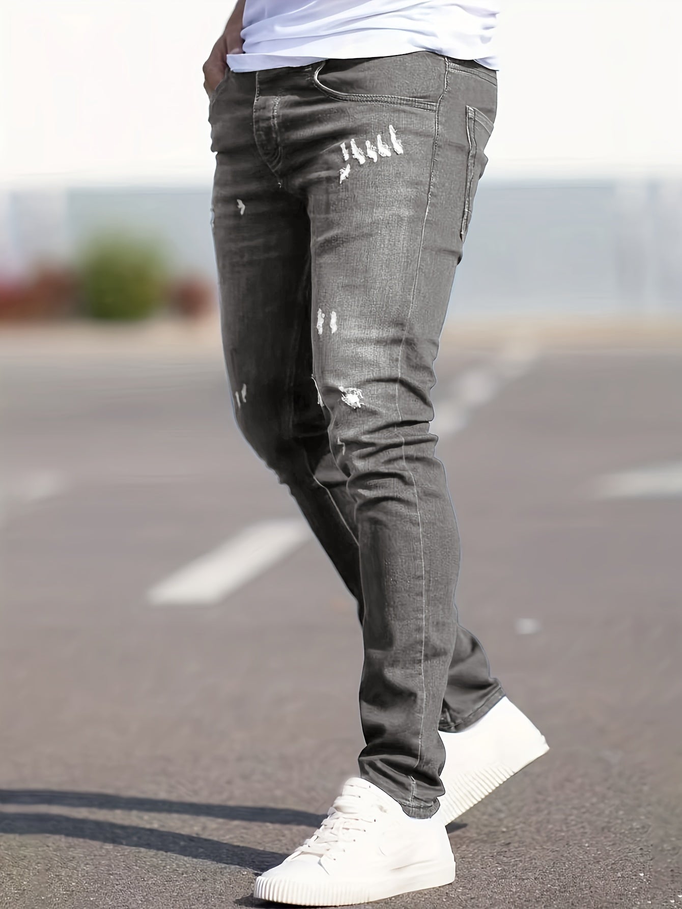 Slim Fit Ripped Jeans, Men's Casual Street Style Distressed Medium Stretch Denim Pants