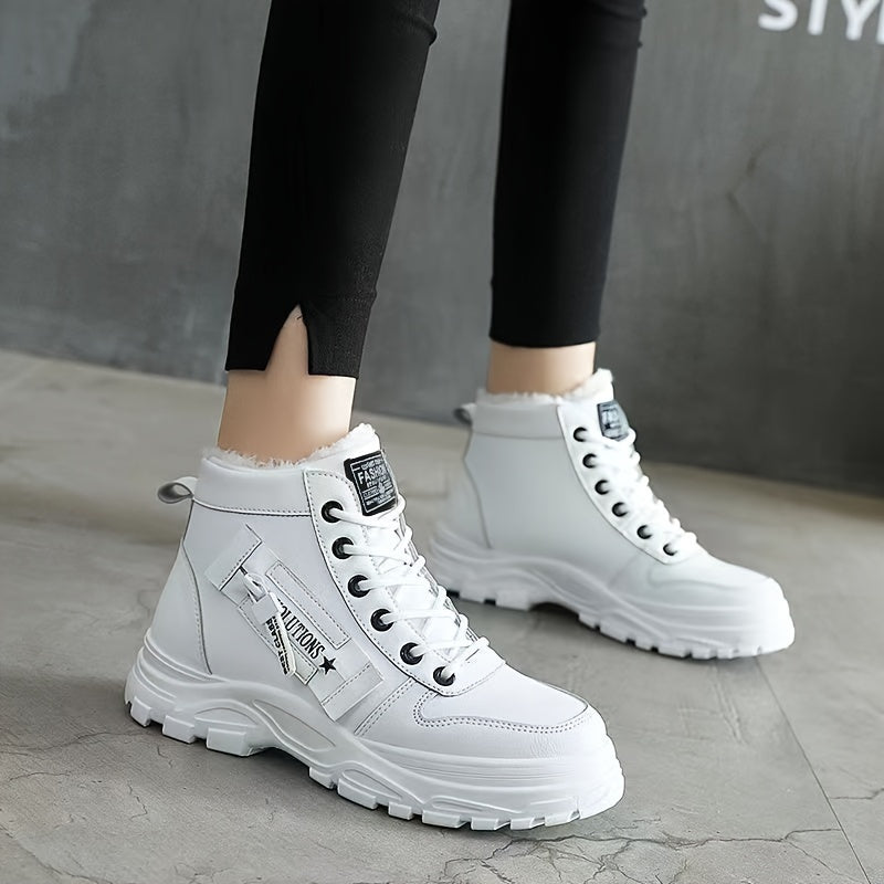 Women'S Winter High-Top Boots - Warm Fleece-Lined Ankle Boots with Thick Rubber Sole, Lace-Up Casual Style, White & Beige, Perfect for Cold Weather Comfort, Winter Boots