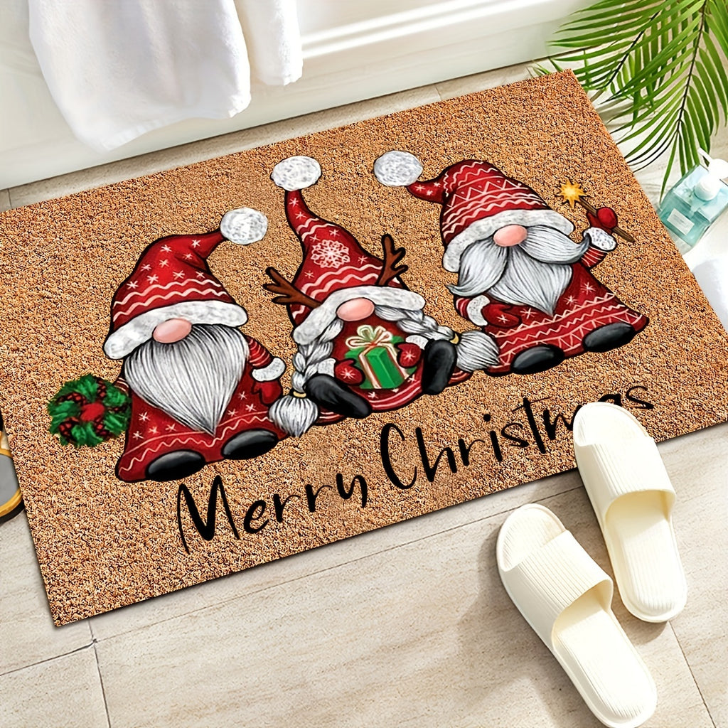 1pc Christmas Gnome Welcome Doormat, Washable Low Pile Indoor Outdoor Entrance Mat, Non-slip Rubber Backing Absorbent Bath Mat, RV Mat, Farmhouse Funny Kitchen Rugs, Suitable For Bathroom Kitchen Ect.