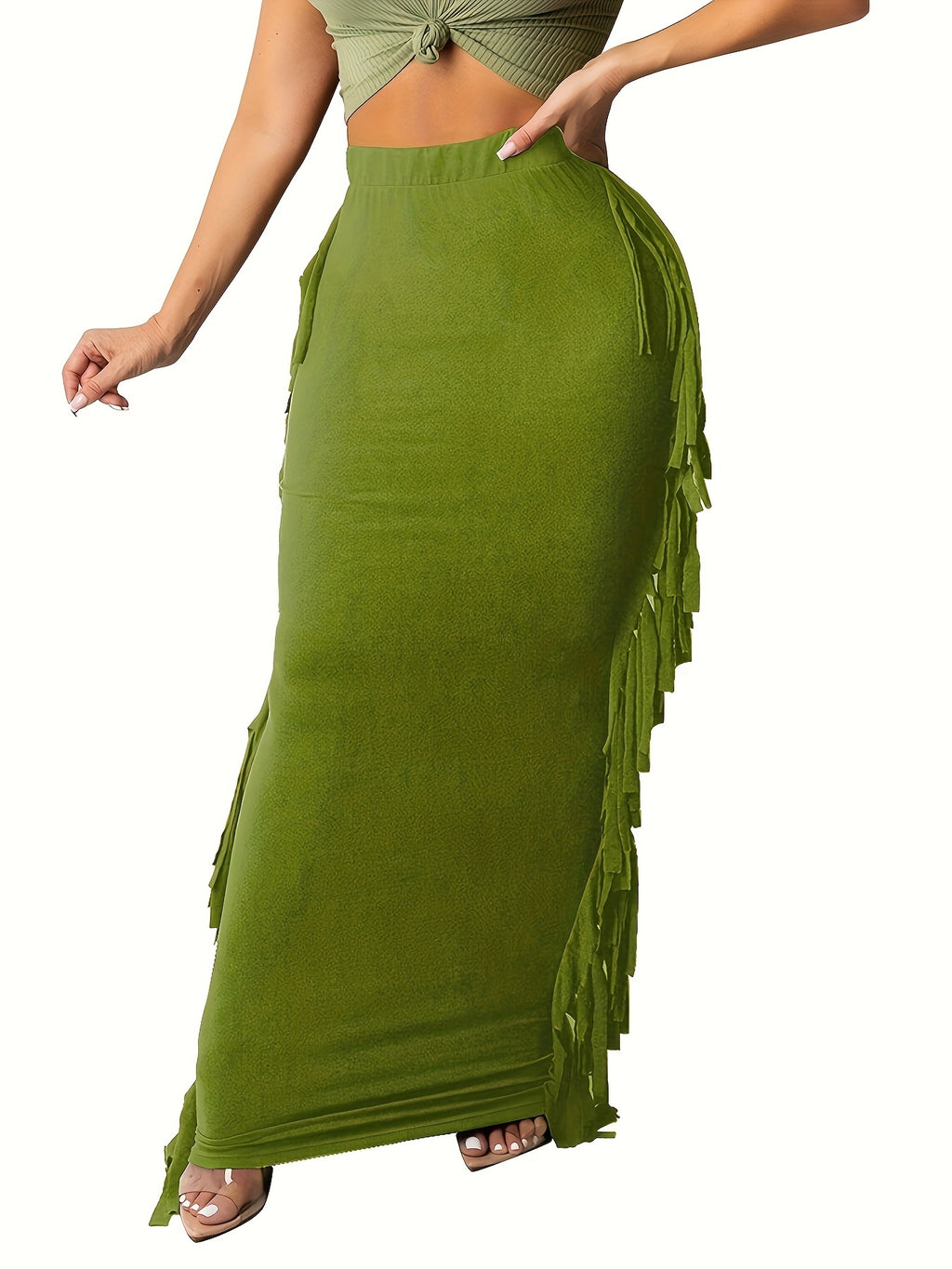 Black Elastic Waist Sides Tassel Maxi Skirt