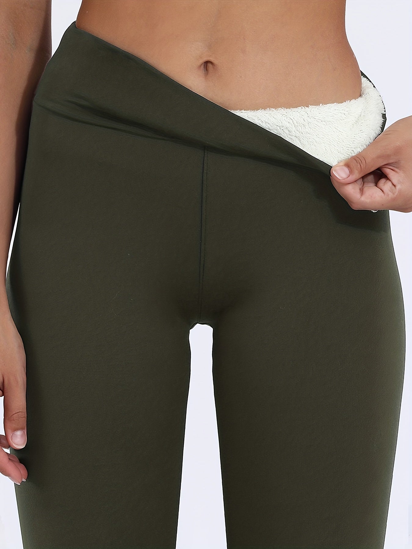 Cozy Fleece-Lined High-Waist Leggings for Women - Stretchy & Warm, Olive Green, Casual Style, Non-See-Through, Solid Color, Perfect for Winter, Machine Washable