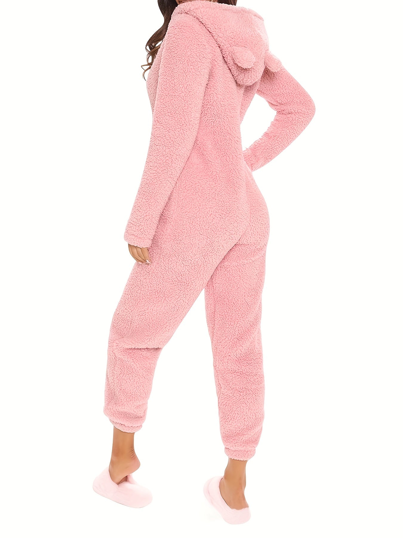 Fuzzy Hooded Pajama Jumpsuit For Music Festival, Comfy & Cute Long Sleeve Zipper Pajamas, Women's Lingerie & Sleepwear