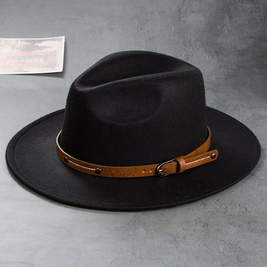 Men's Retro Felt Top Hat, Leather Buckle Accessory, Jazz Hats
