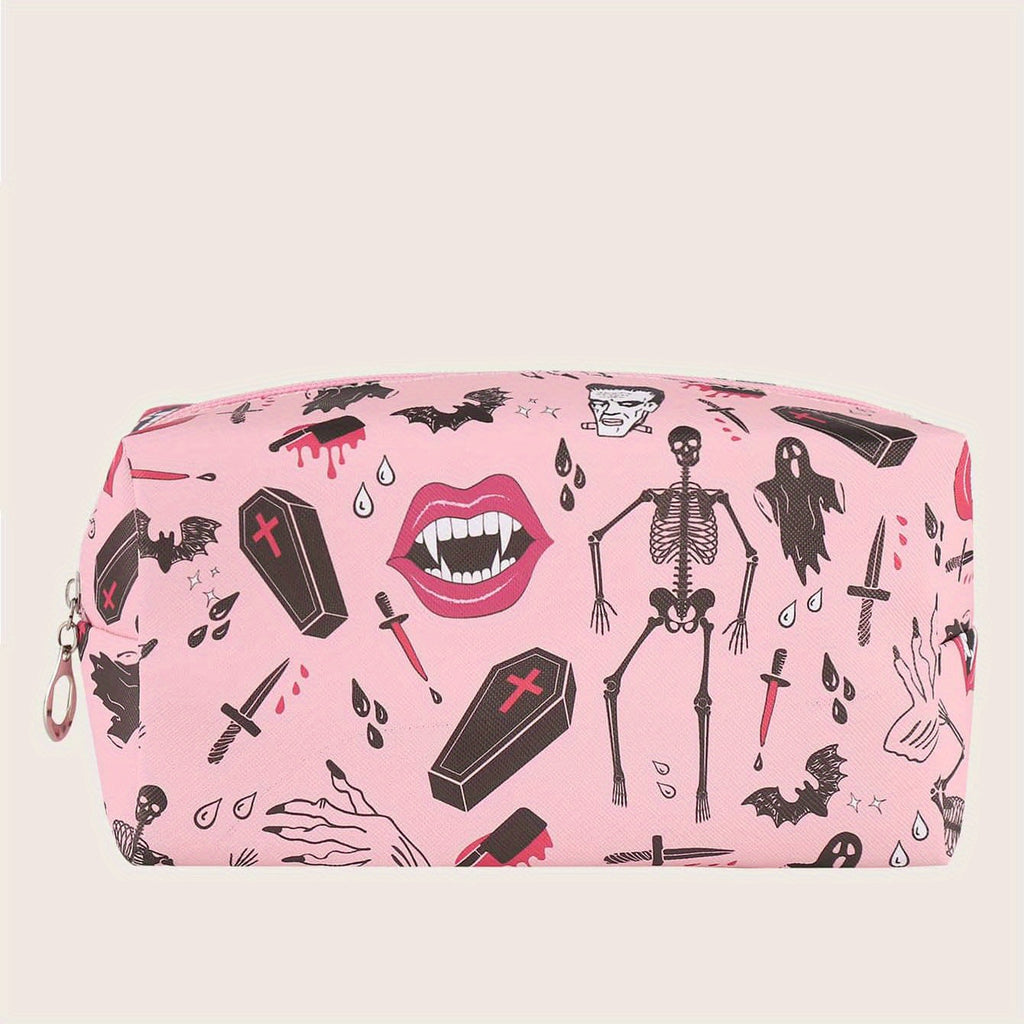 Halloween Skeleton Bat Pattern Makeup Bag Pink Roomy Square Zipper Pouch Travel Toiletries Organizer Gift For  ladies Women Men