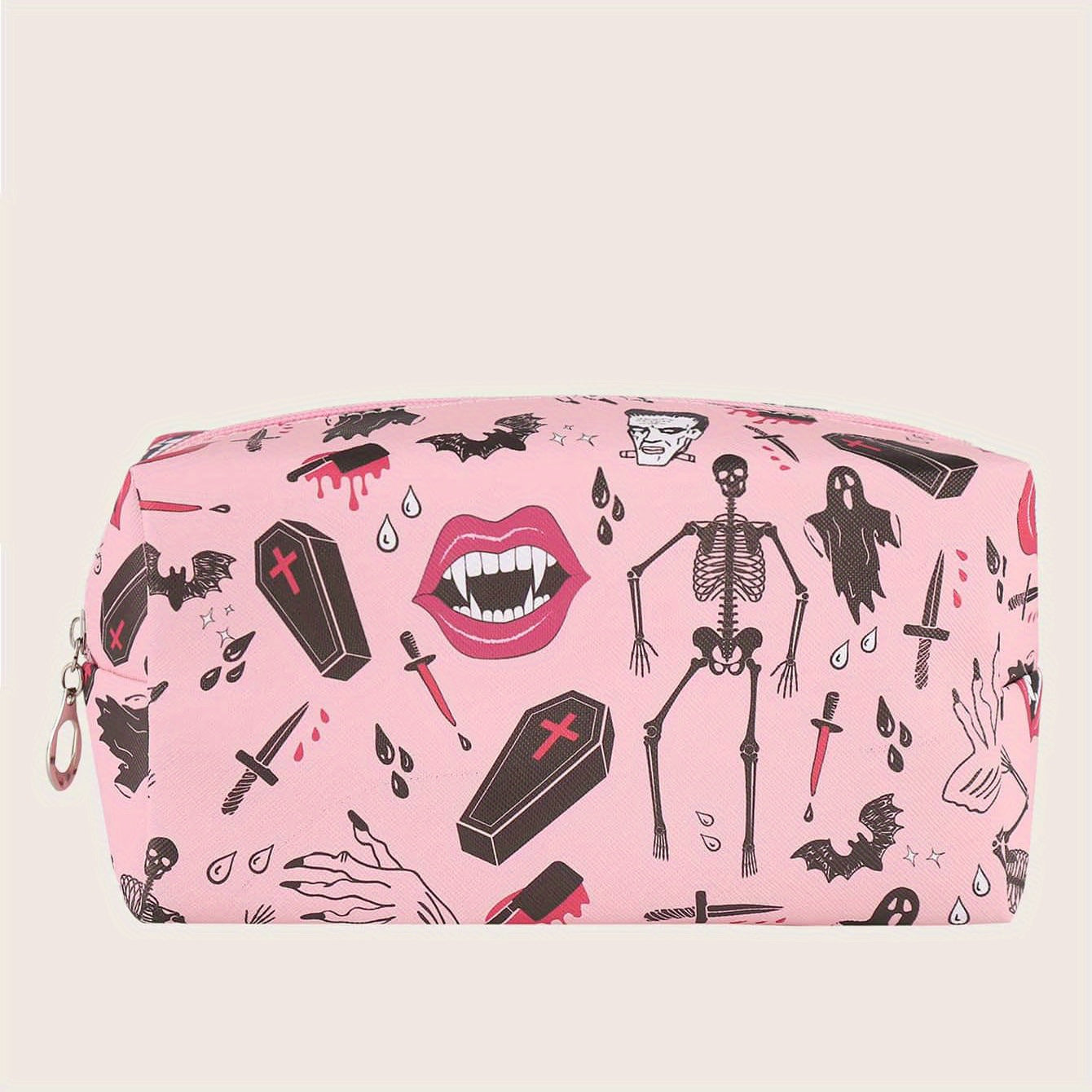 Halloween Skeleton Bat Pattern Makeup Bag Pink Roomy Square Zipper Pouch Travel Toiletries Organizer Gift For  ladies Women Men
