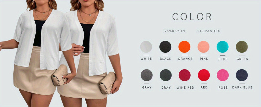 Plus Size Elegant Cardigan, Women's Plus Basic Half Sleeve Slight Stretch Cardigan