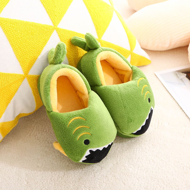 Boys' Dinosaur Slippers with Plush TPR Sole & Alligator/Crocodile Teeth - Warm Winter Indoor/Outdoor, Green & White Low-Top Easy Slip-On for, Cute Dino Footwear for Bedtime & Play