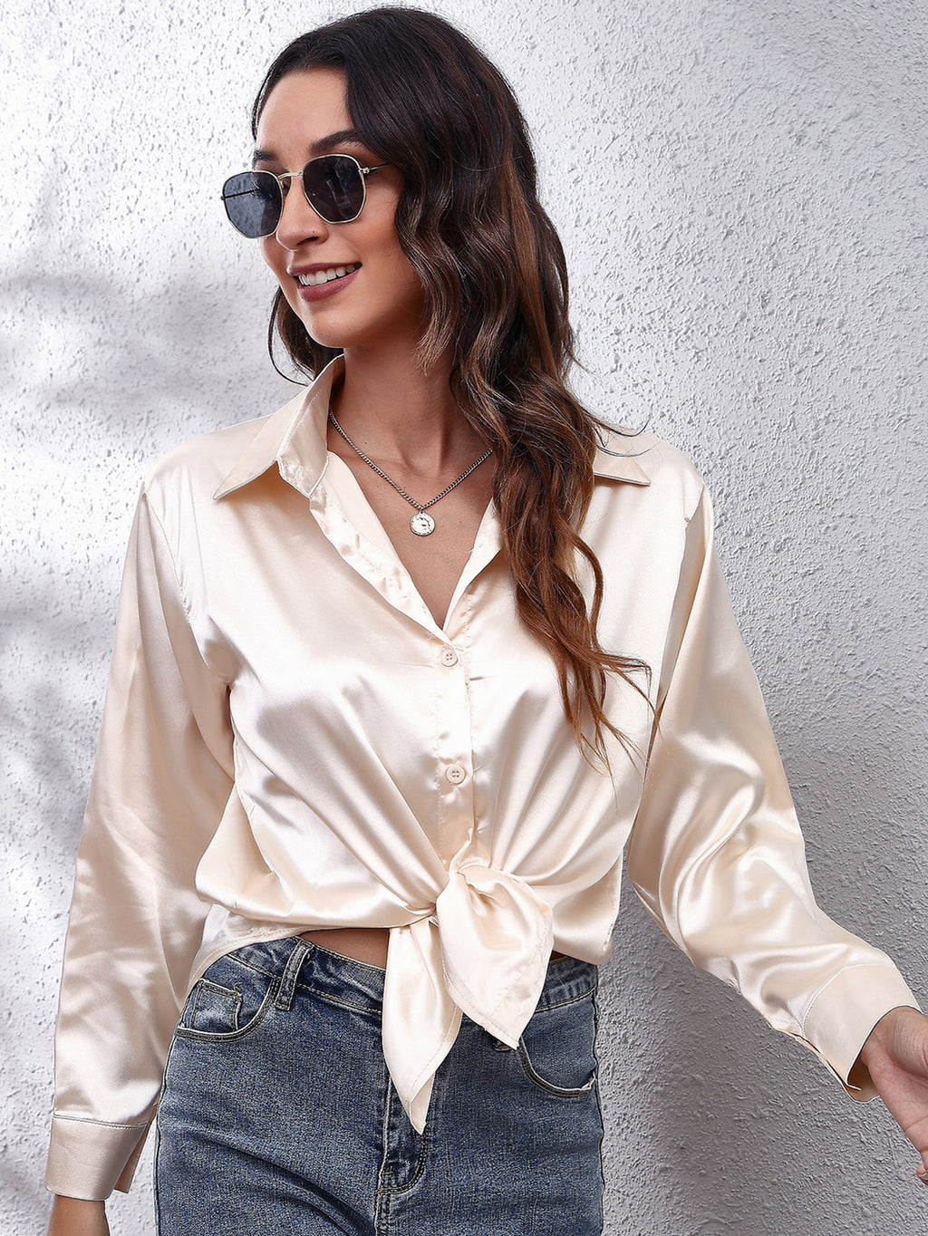 Solid Color Long Sleeve Button Down Tops, Business Casual Blouses For All Seasons, Women's Clothing