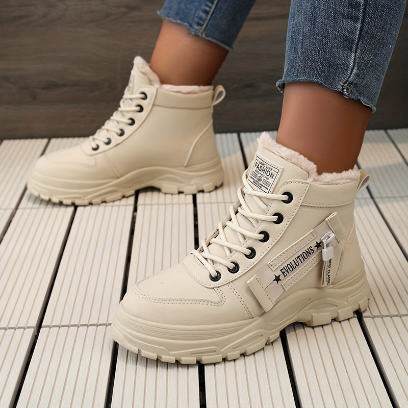 Women'S Winter High-Top Boots - Warm Fleece-Lined Ankle Boots with Thick Rubber Sole, Lace-Up Casual Style, White & Beige, Perfect for Cold Weather Comfort, Winter Boots