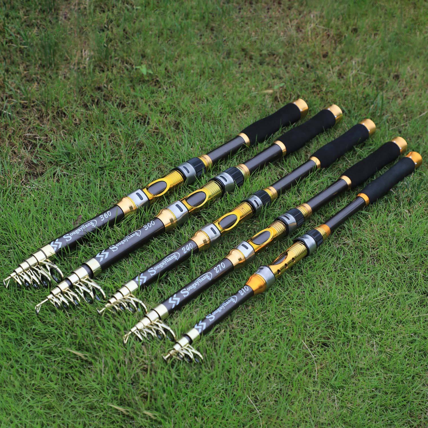 [Quality Construction] Sougayilang Ultralight Carbon Fiber Spinning Fishing Rod - Portable, Medium Action, 204.83-299.92cm Extendable Length, Black & Golden with Comfort Grip Handle - Ideal for All Anglers