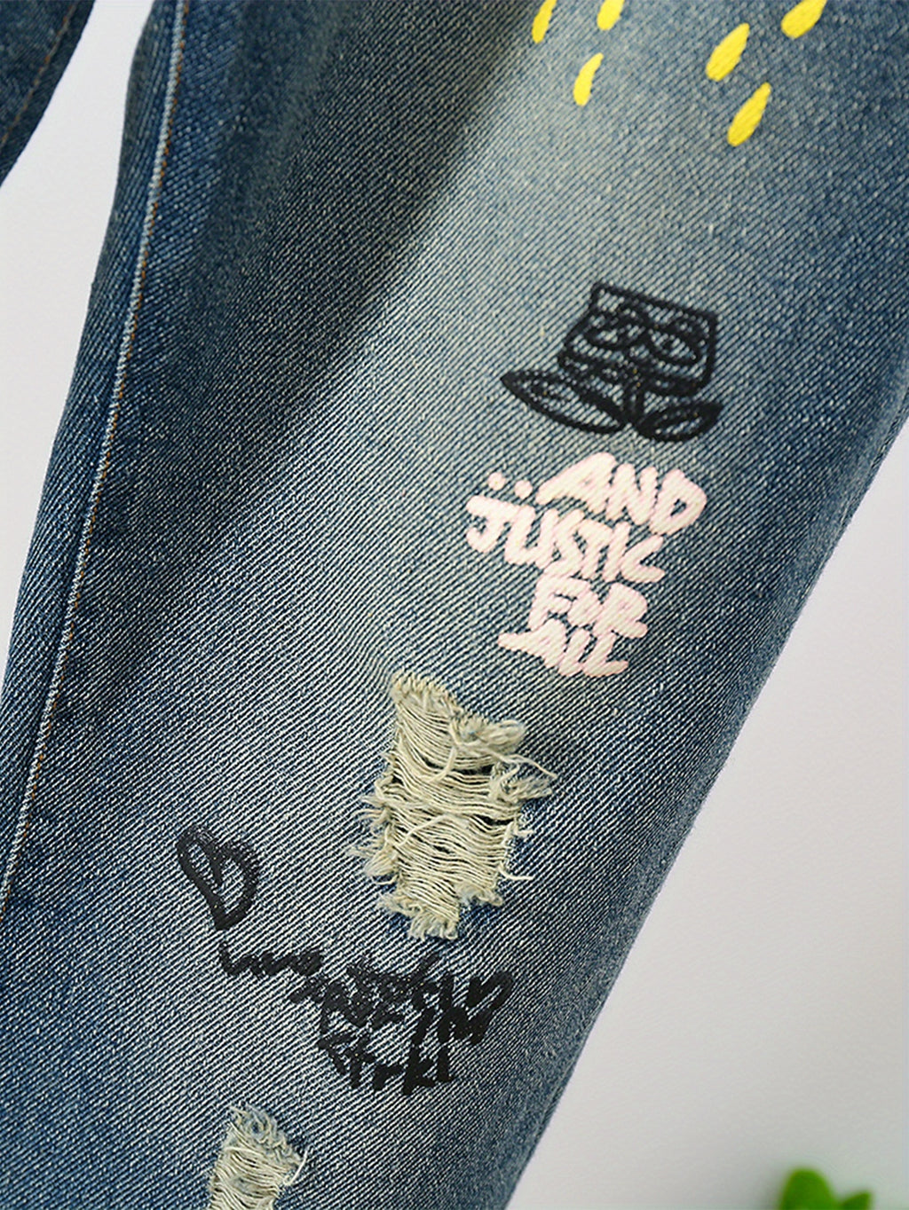 Girls Ripped Tapered Jeans, Cartoon Pattern Elastic Waistband Denim Jeans Kids Clothes