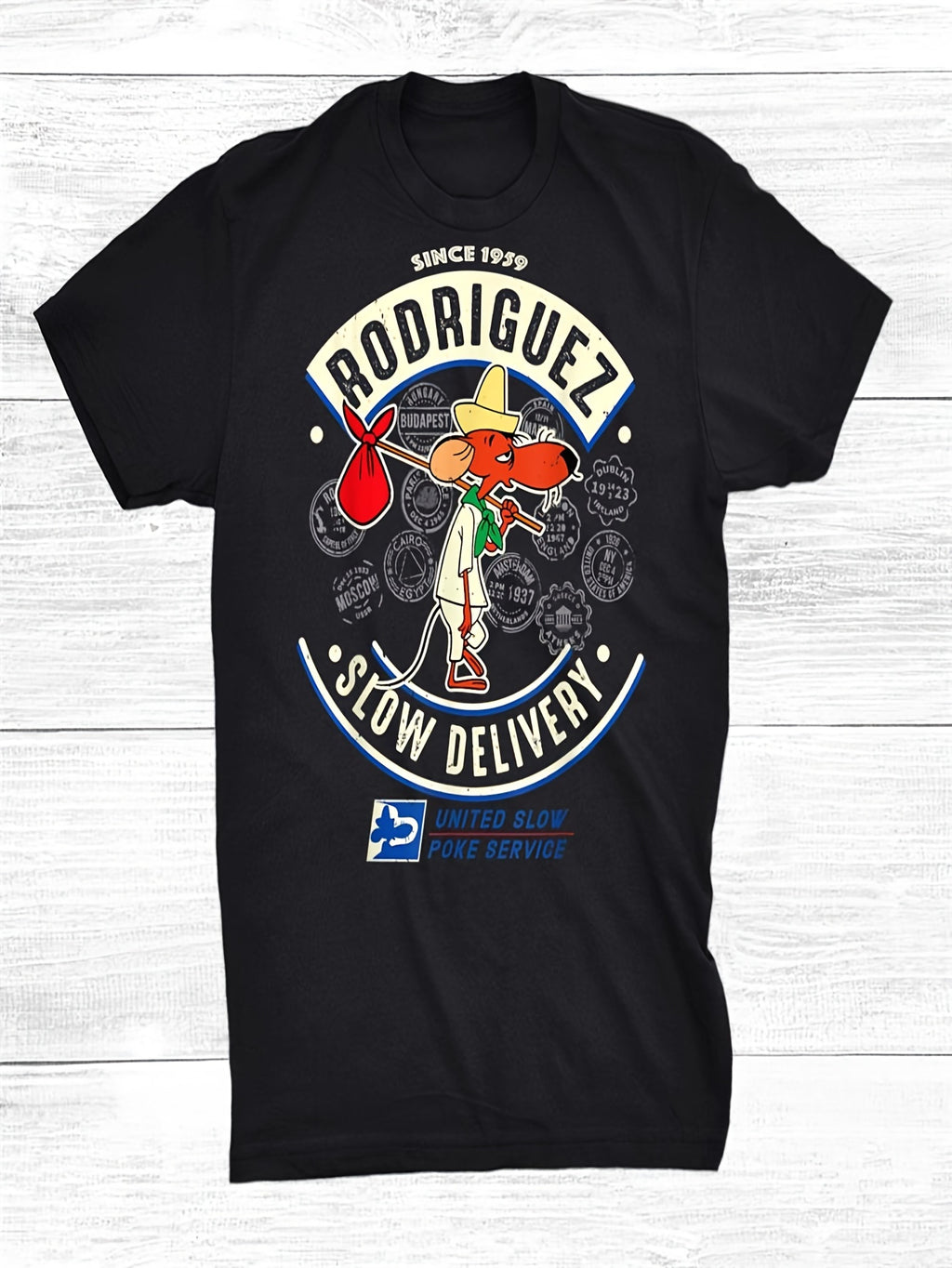 Slowpoke Rodriguez Shirt - 2024 Printed Pattern, Black, Casual Wear, Sports Tops, Short Sleeve, 220g, Men's Sports T-Shirt