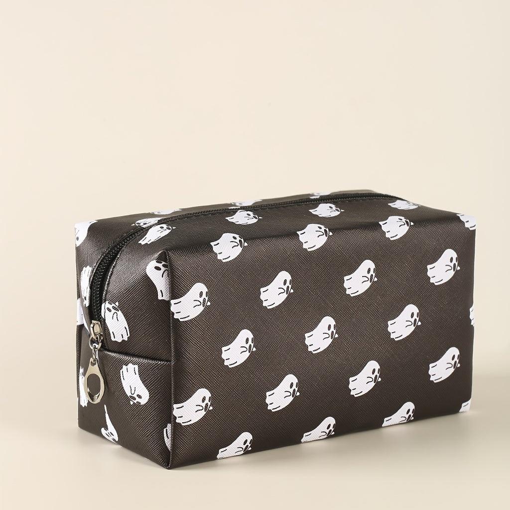 Halloween Little Ghost Print Makeup Pouch Zipper Roomy Square Cosmetic Bag Travel Accessories Organizer Halloween Gift For Friends Men Women