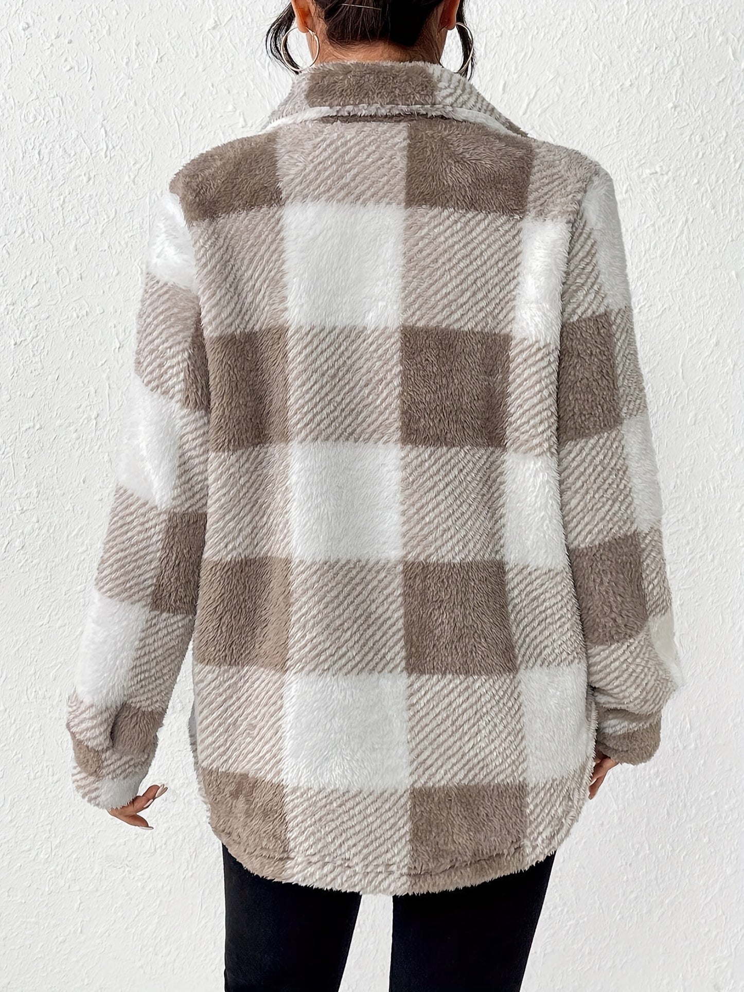 Plaid Pattern Button Front Jacket, Elegant Long Sleeve Warm Outerwear For Fall & Winter, Women's Clothing