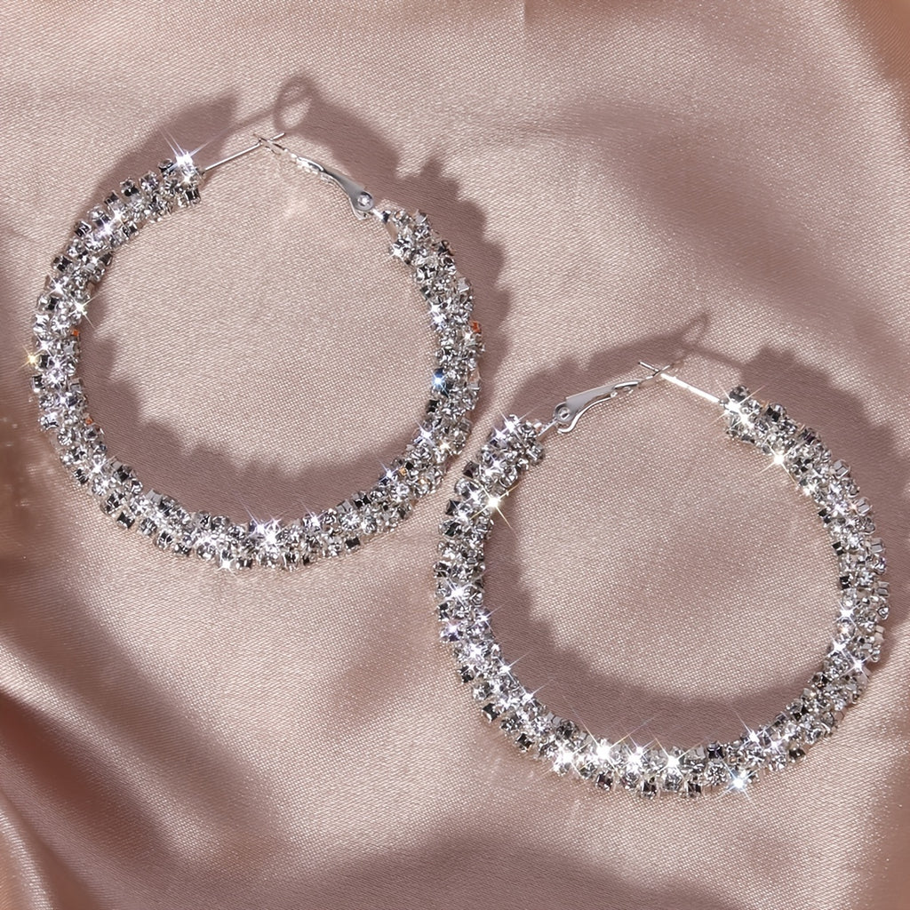 Large Full Rhinestone Hoop Earrings Silver Plated Delicate Jewelry Party Holiday Gift For Women