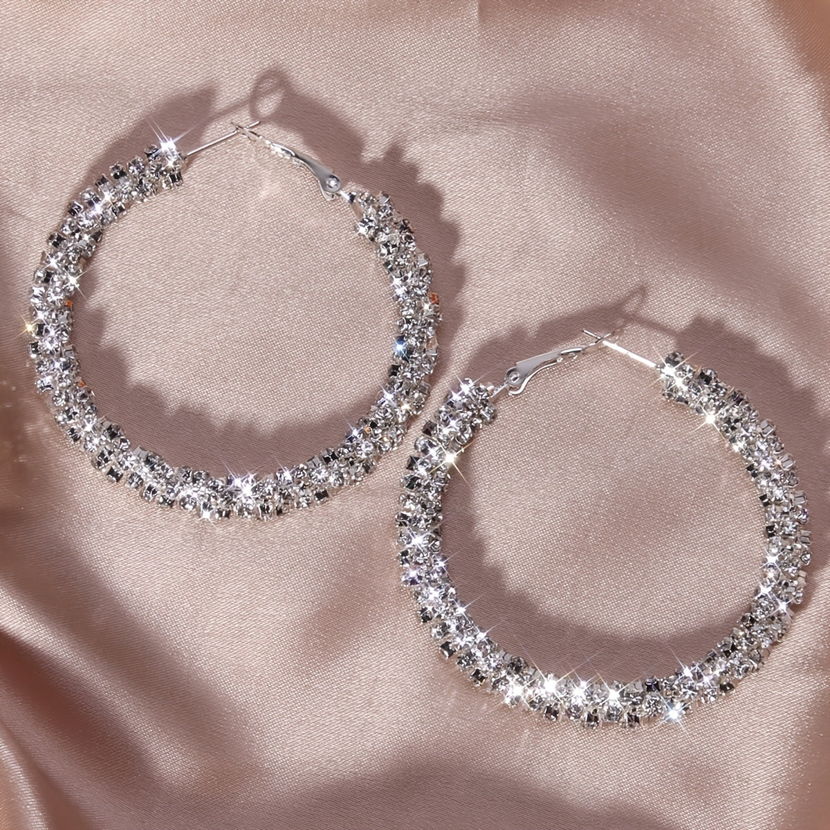 Large Full Rhinestone Hoop Earrings Silver Plated Delicate Jewelry Party Holiday Gift For Women