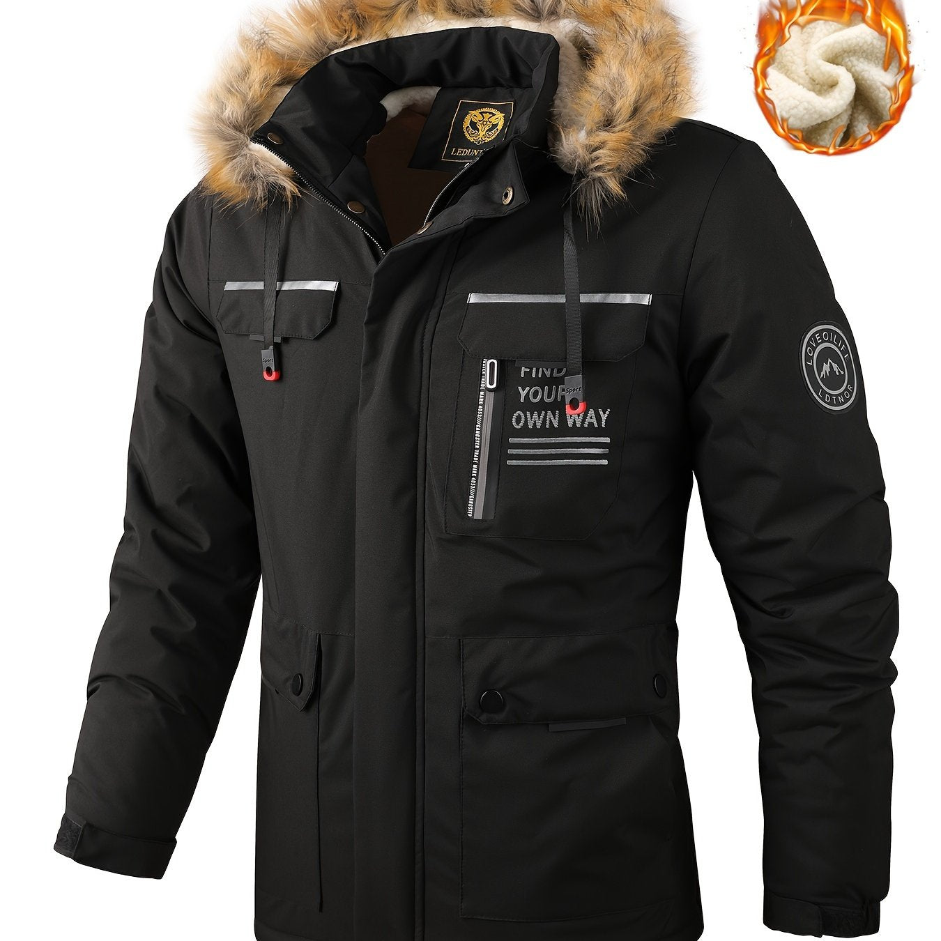 Men'S Winter Windbreaker Jacket with Lamb Fur Collar, Polyester 100% Windproof Zippered Sports Jacket, Alphabet Pattern, Regular Sleeve, Casual Outdoor Wear, H Fit, 150g/m² Fabric Weight