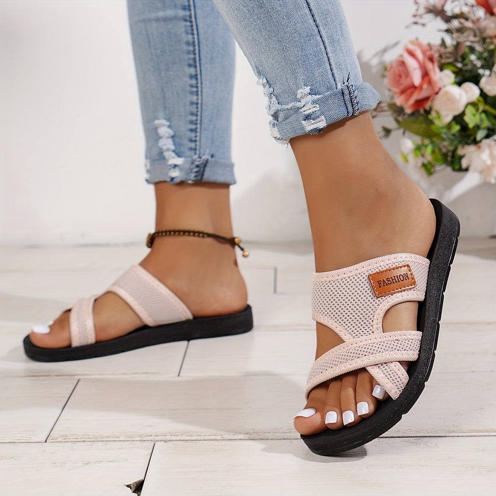 Women's Breathable Mesh Slide Sandals - Comfortable Open-Toe Flat Shoes with Crisscross Straps, Lightweight Summer Footwear in Black/Brown or Red/Black, Casual Indoor & Outdoor Wear, Strappy Sandals