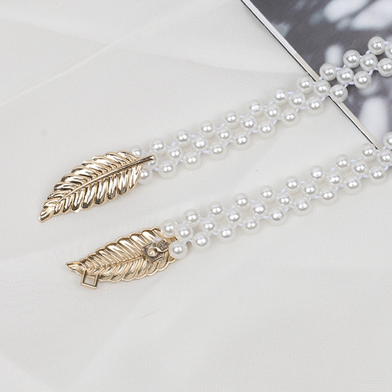 Faux Pearl Belt Women's Metal Leaf Elastic Pearl Waist Chain Women's Decoration For Dress Elastic Belt