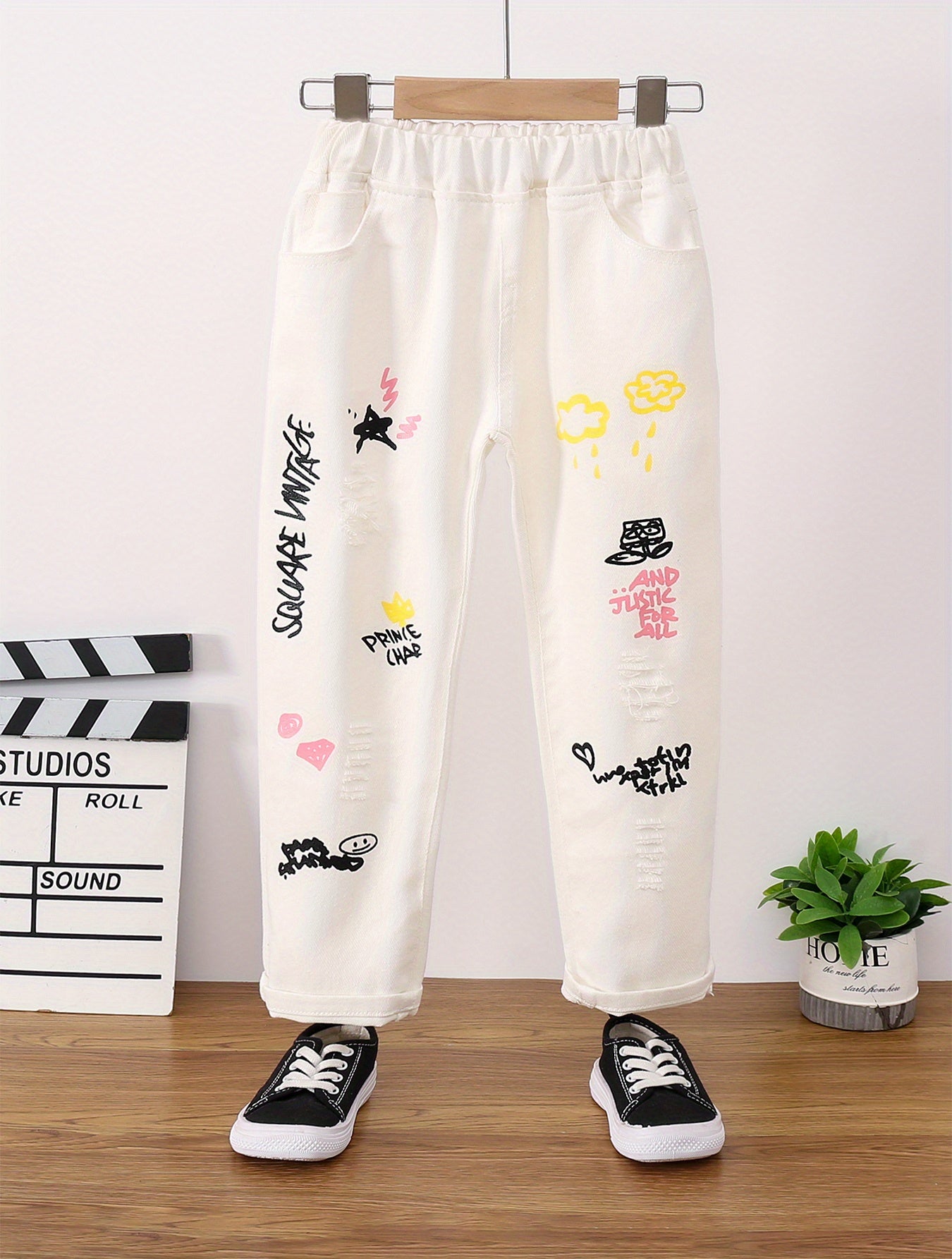 Girls Ripped Tapered Jeans, Cartoon Pattern Elastic Waistband Denim Jeans Kids Clothes