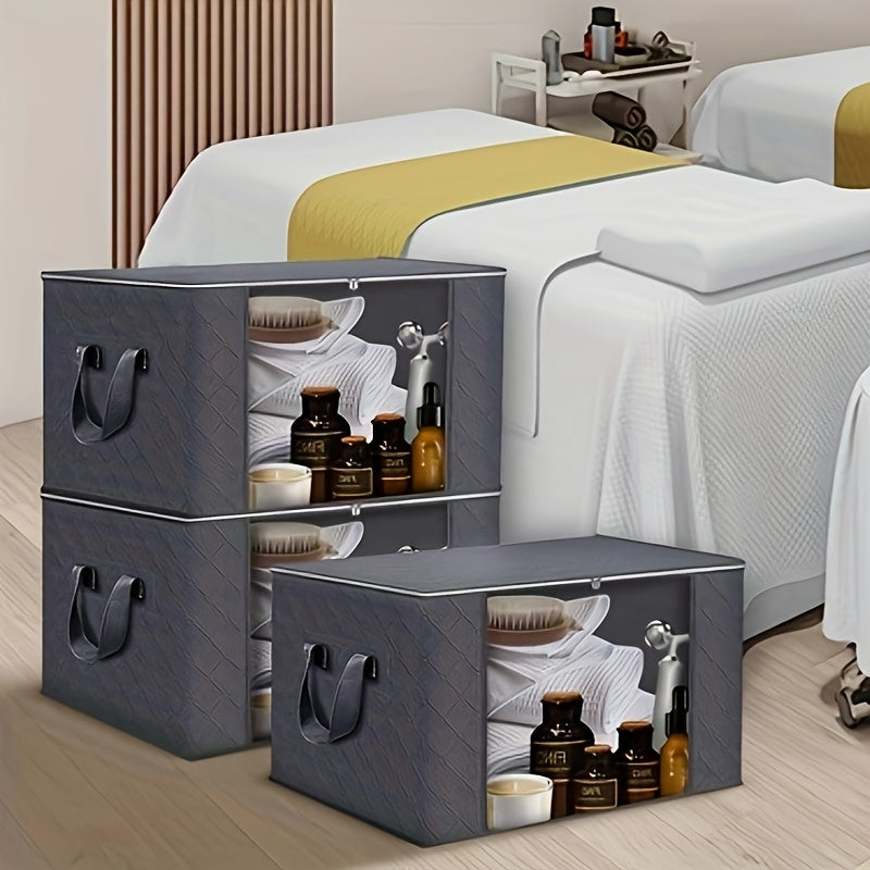 3-Pack Large Capacity Foldable Fabric Storage Bins - Ideal for Bedding, Clothes, Pillows, Quilts - Perfect for Home, Bedroom, Dorm, Spa Wardrobes - Grey Woven Material, No Electricity Needed