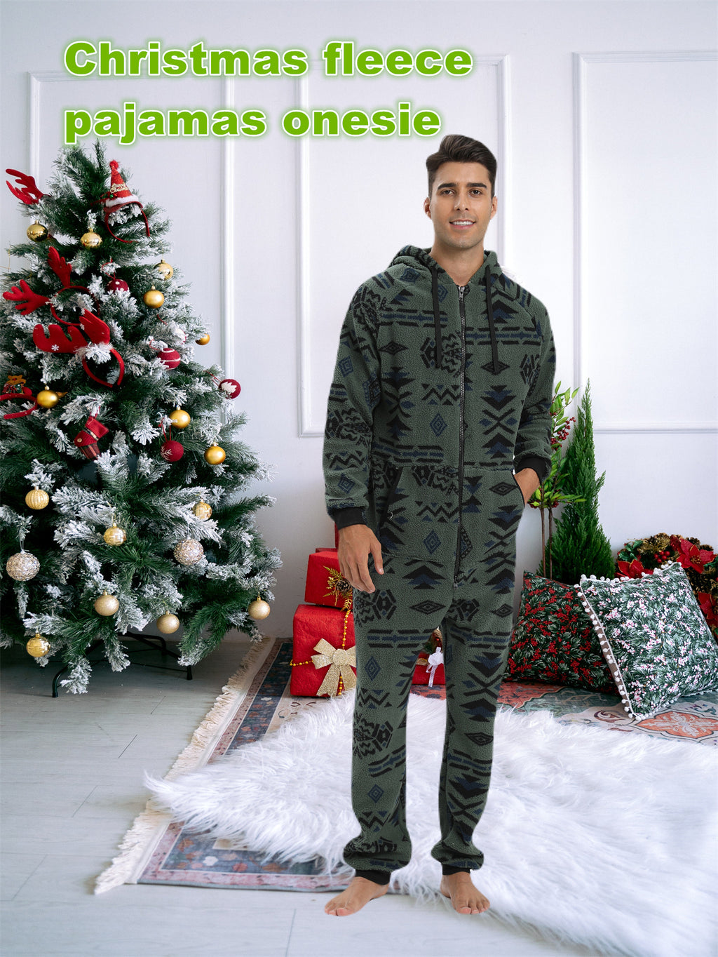 Men'S Heavy-Duty Full-Zip Hooded Onesie - Long Sleeve Winter Sleepwear, Thermal Insulated Lounge suit with Drawstring Hood, Loose Fit Onesie for Cold Weather, Christmas Costume & Everyday Indoor/Outdoor Use - Easy Zipper Clos