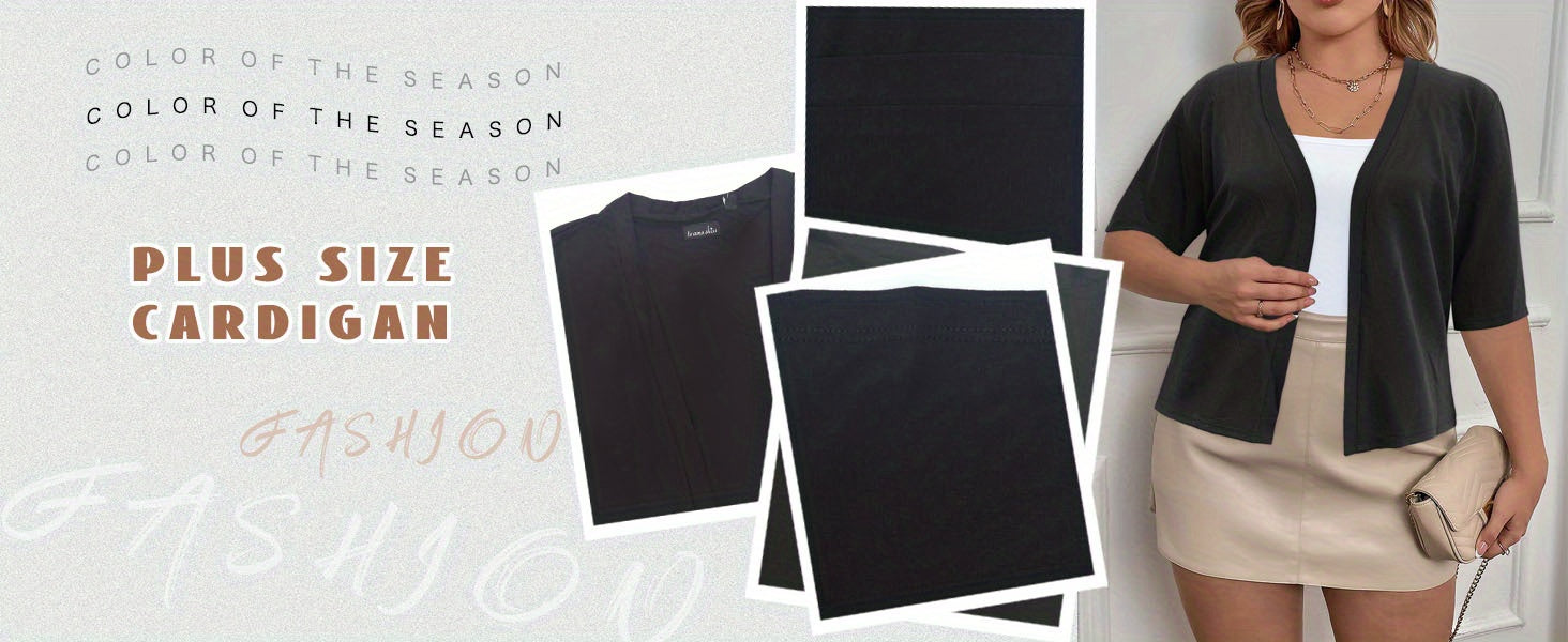 Plus Size Elegant Cardigan, Women's Plus Basic Half Sleeve Slight Stretch Cardigan