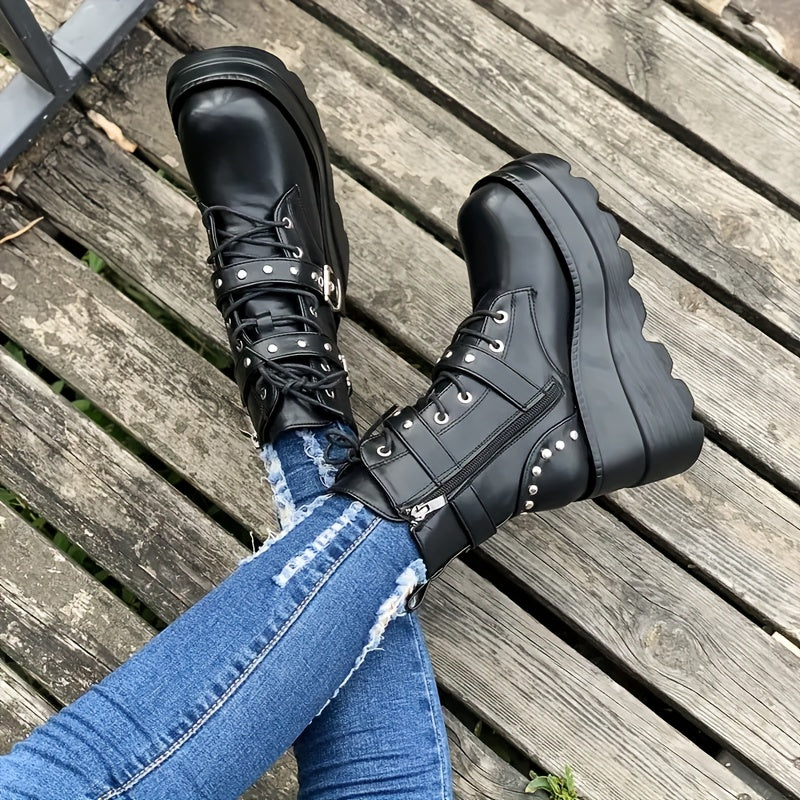 Women'S Chunky Platform Boots - Gothic Punk Boots with Lace-Up Closure, Thick Platform Heels for Height Increase, PU Sole - Edgy Gothic Punk Shoes for Concerts, Parties, Everyday - Synthetic Cover Gothic Footwear Gift for Wom