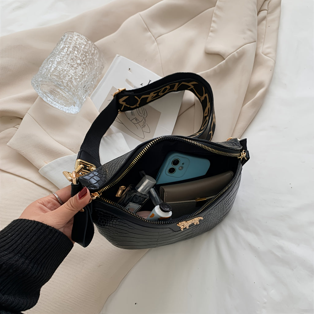 Crocodile Embossed Waist Bag Chain Decor Zipper Fanny Pack, Cool Faux Synthetic Leather Chest Bag for Women