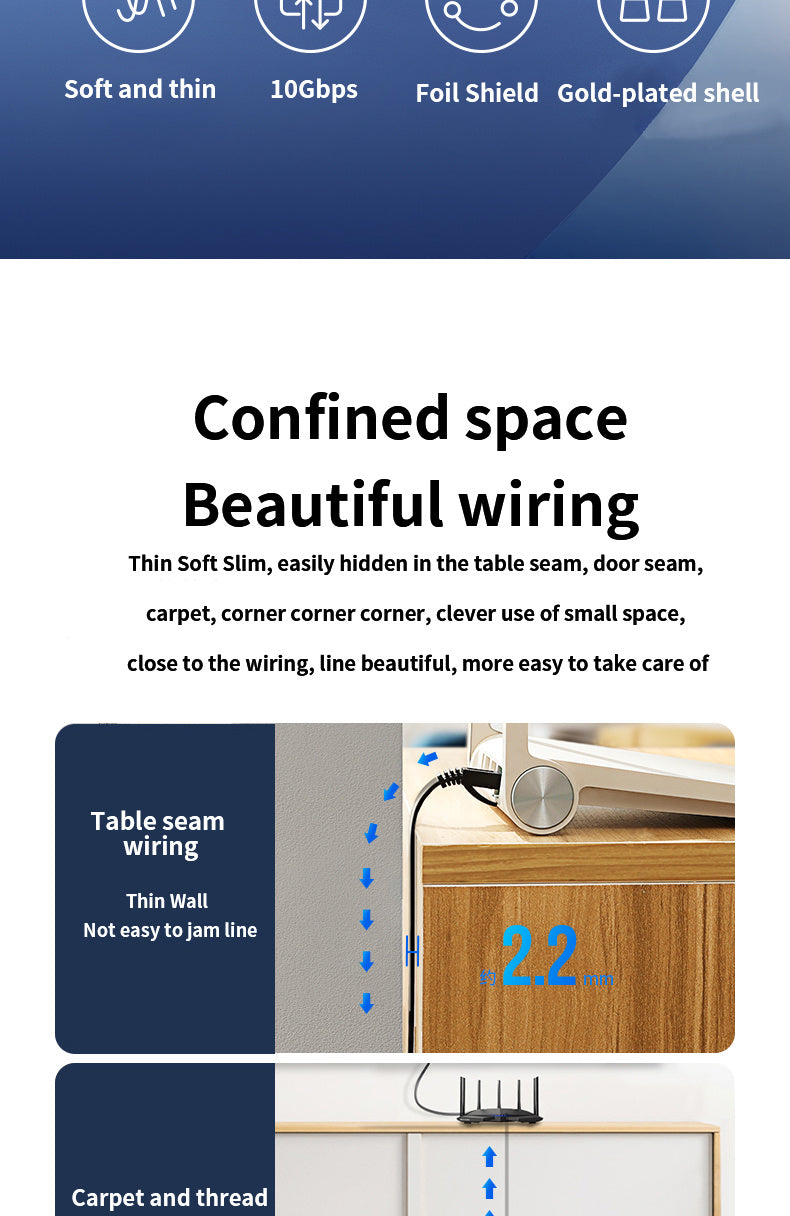 Cat 7 Ethernet Cable High Speed, Shielded Flat Internet Cable With Clips.