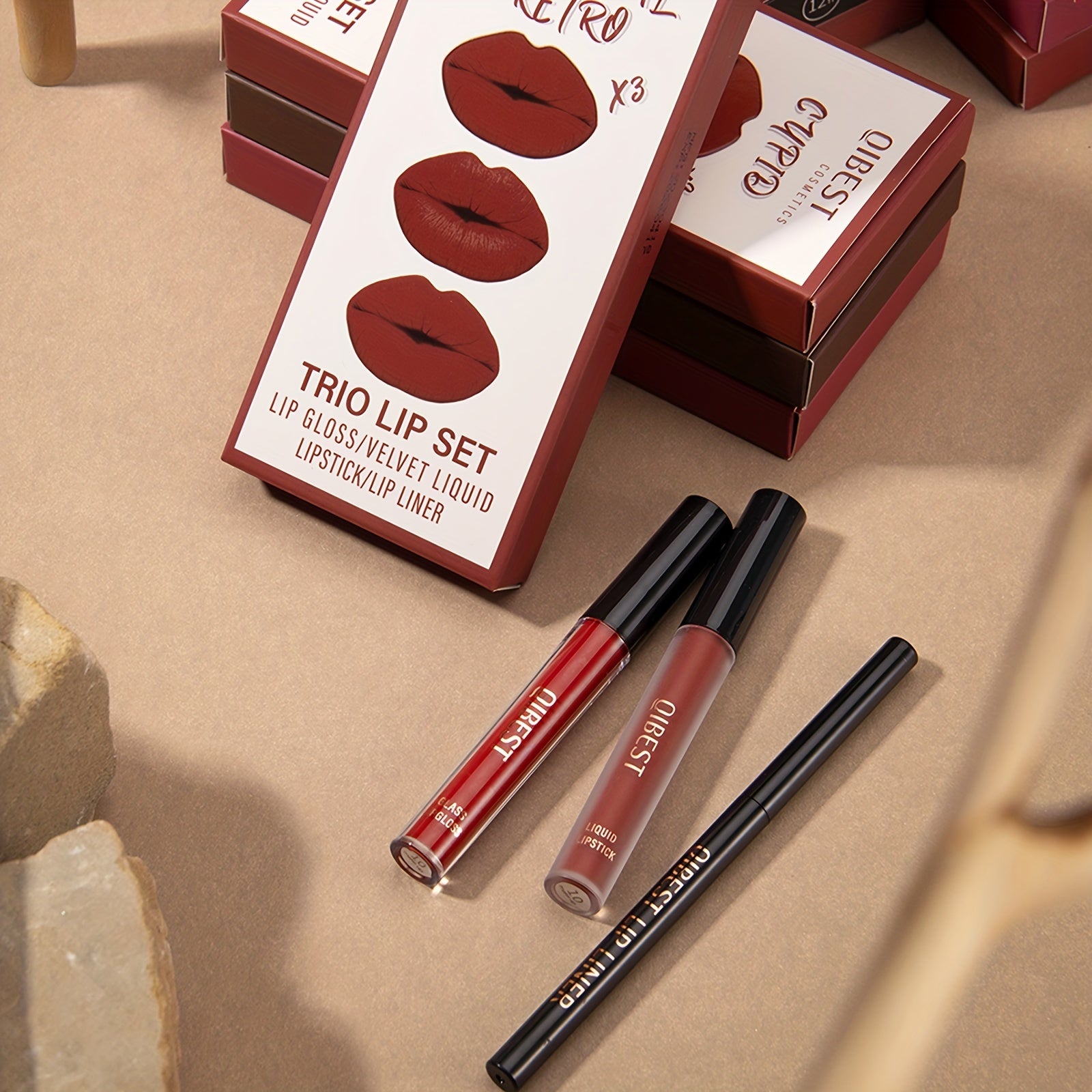 Lip Liner, Lipstick And Lip Gloss Trio Set, Matte Liquid Lipstick + Matching Lip Liner + Lip Gloss Nude Velvety Lipstick Makeup Kit Gift Set, Waterproof Long Lasting, Contains Plant Squalane Formula