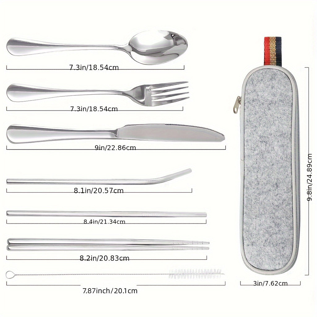 Portable Utensils, Travel Camping Cutlery Set, 8pcs including Knife Fork Spoon Chopsticks Cleaning Brush Straws Portable Case, Stainless Steel Flatware set