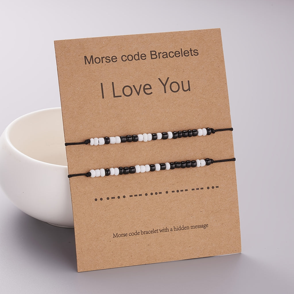 I Love You 2pcs/set Morse Code Black And White Rice Beads Woven Adjustable Couple Bracelets