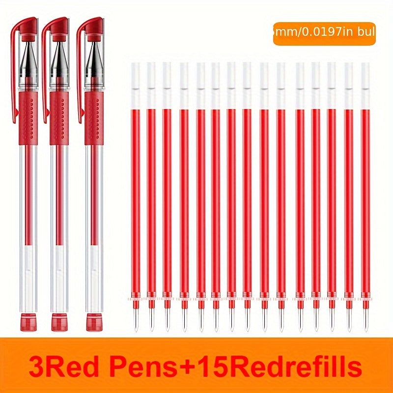 18pcs (3 Pens + 15 Refills) Gel Pen Set School Supplies Black Blue Red Ink Color 0.5Mm Ballpoint Pen Kawaii Pen Student School Office Stationery