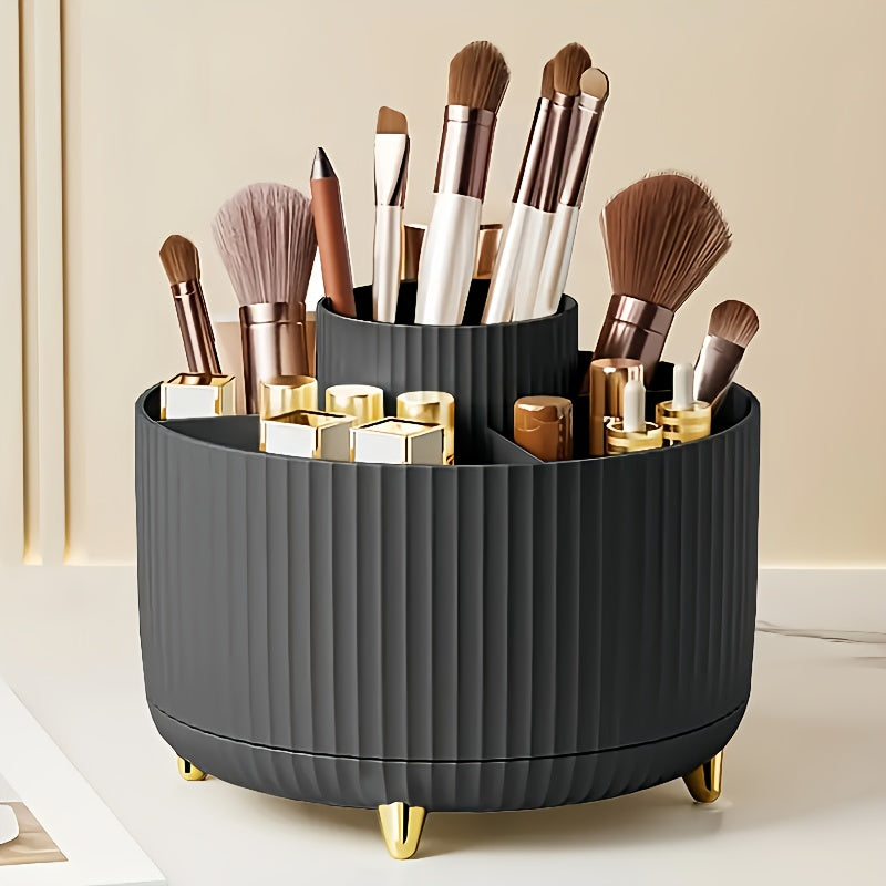 360° Rotating Makeup Organizer - 1pc Plastic Cosmetic Storage with 5 Compartments - Multi-Functional Holder for Brushes, Lipsticks, Skin Care Products, and Stationery - Durable Unscented Desk Caddy with Luxury Stripe Design