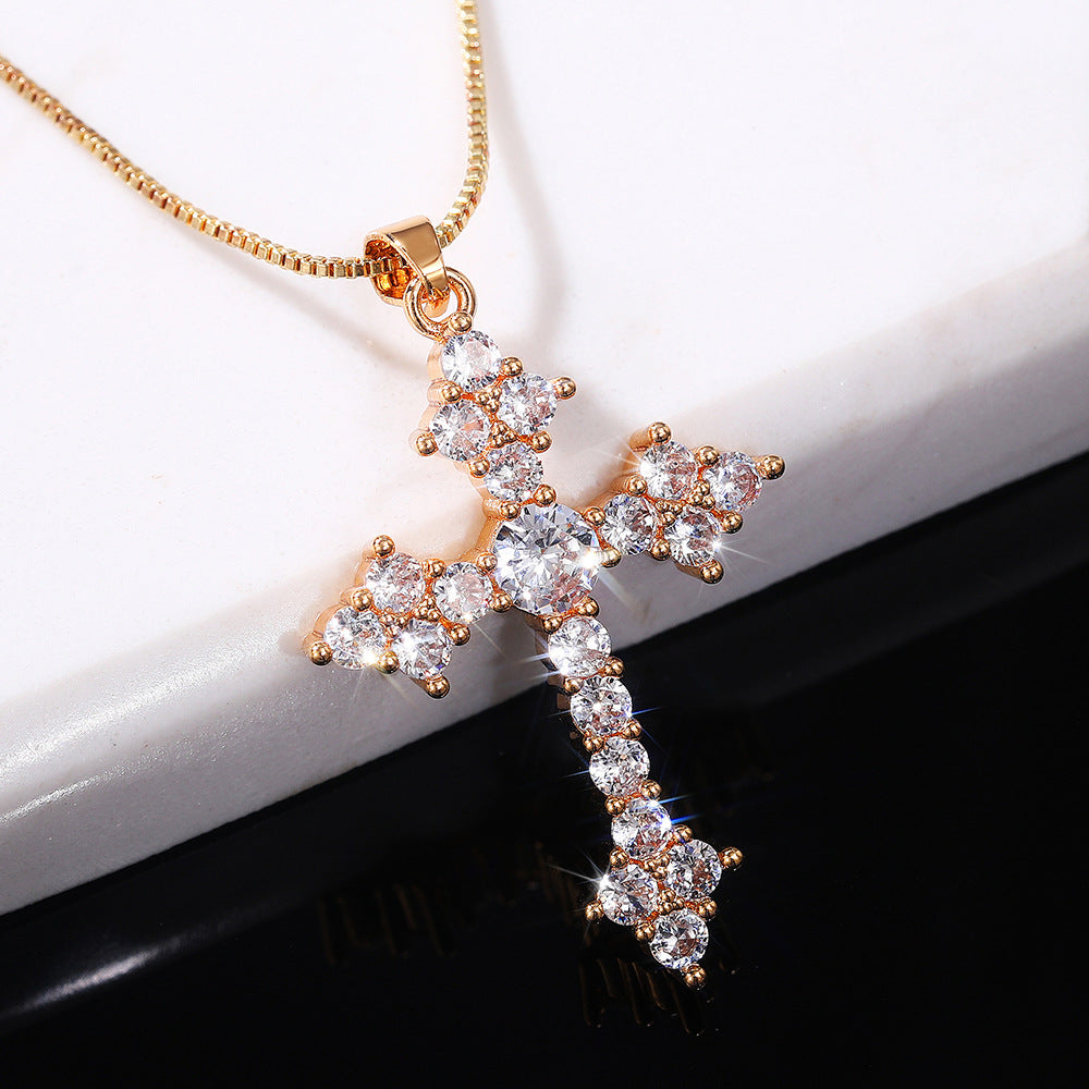 Dainty Cross Shape Pendant Necklace Inlaid Round Cut Shiny Zirconia Good Lucky Adjustable Clavicle Chain