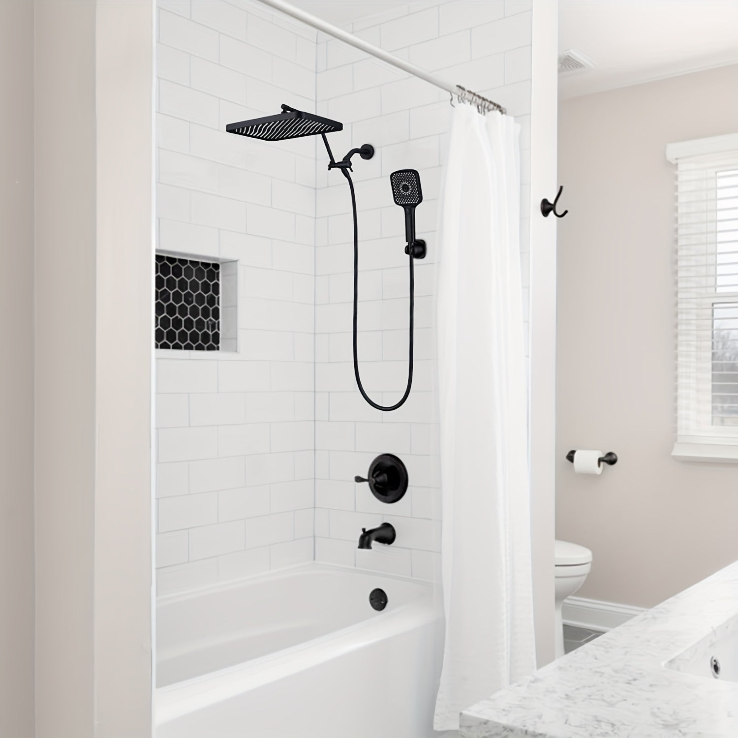 Shower Heads with Handheld Spray Combo, 13 Inches Rain Shower Head with 4-Mode Shower Wand, and 13 Inches Adjustable Arm, 3-Way Shower Diverter Valve, Extra Long Hose