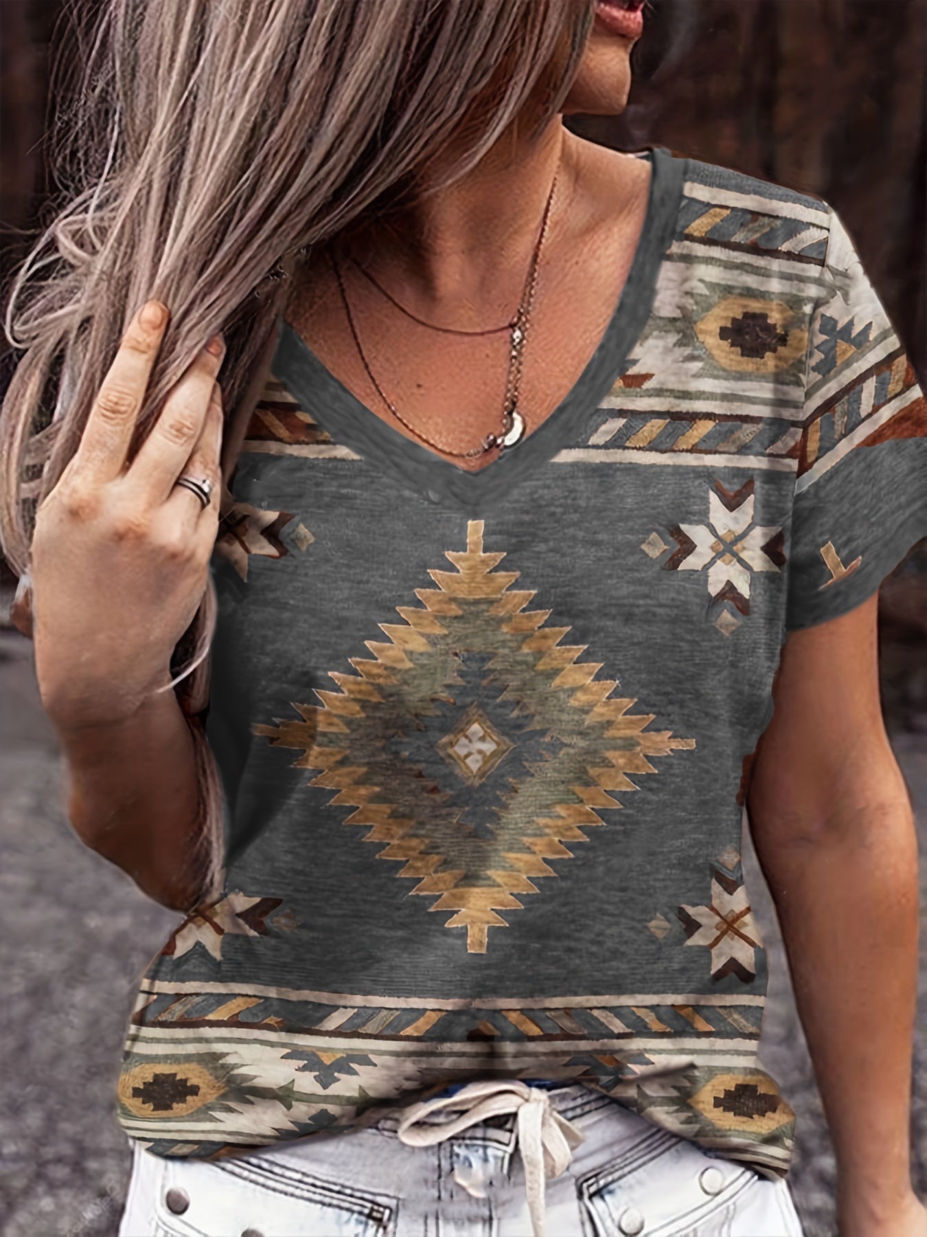 Western Geo Print V Neck T-Shirt, Casual Short Sleeve T-Shirt For Spring & Summer, Women's Clothing