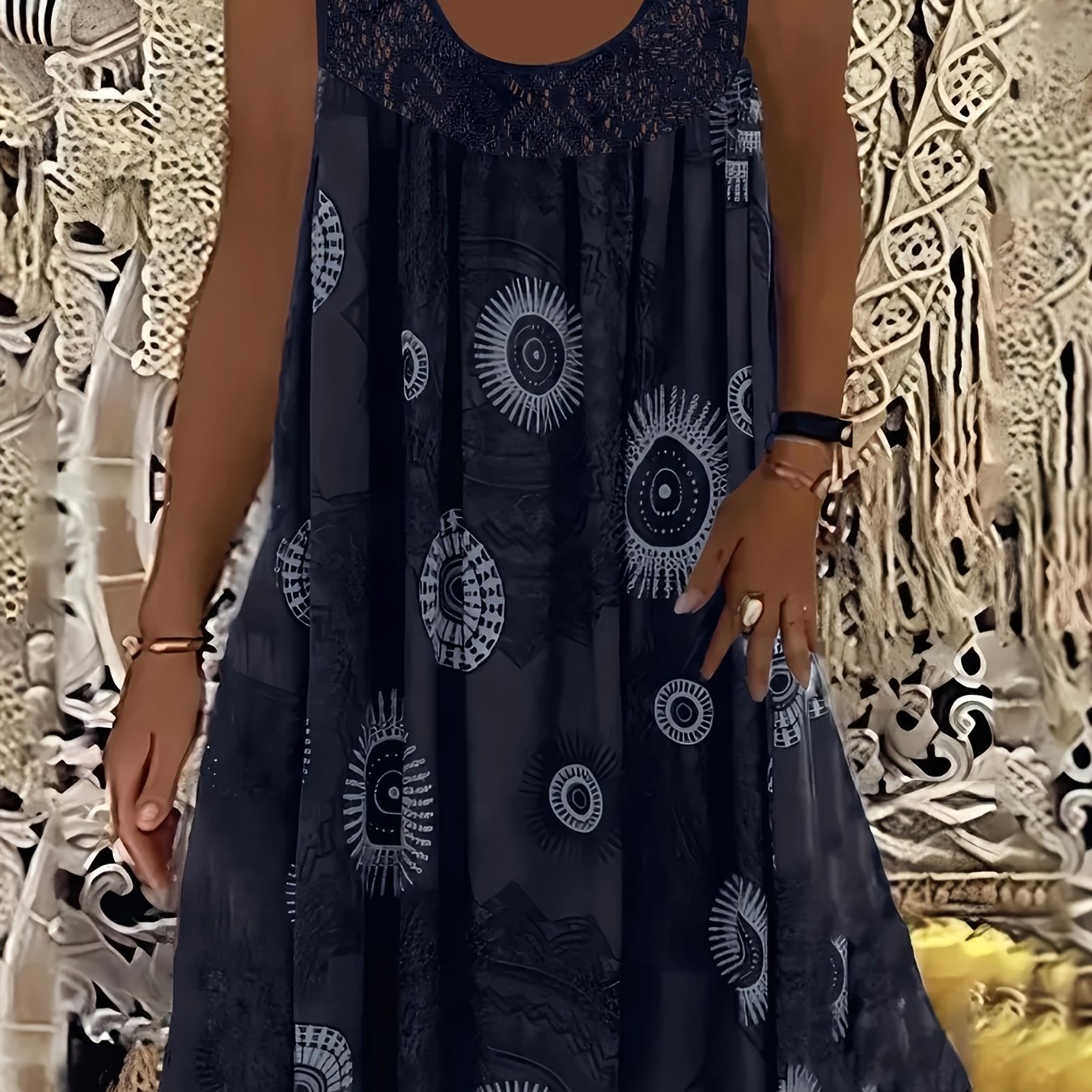 Women's Elegant Sleeveless A-Line Dress with Contrast Lace Hem & Geometric Print - Knee-Length Flared Skirt, Round Neck, Machine Washable, Plus Size Friendly for Casual & Semi-Formal Occasions, Lace Detailing, Comfortable Fit