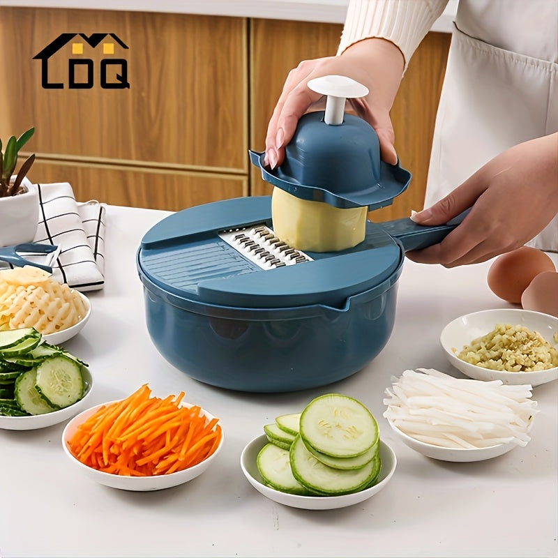 LDQ 12-in-1 Manual Vegetable Chopper & Food Processor - Heavy-Duty BPA-Free Multi-Functional Slicer/Shredder/Grater with Lock, Lever & Container for Carrots, Potatoes, Onions, Cucumbers, Radishes - Compact Kitchen