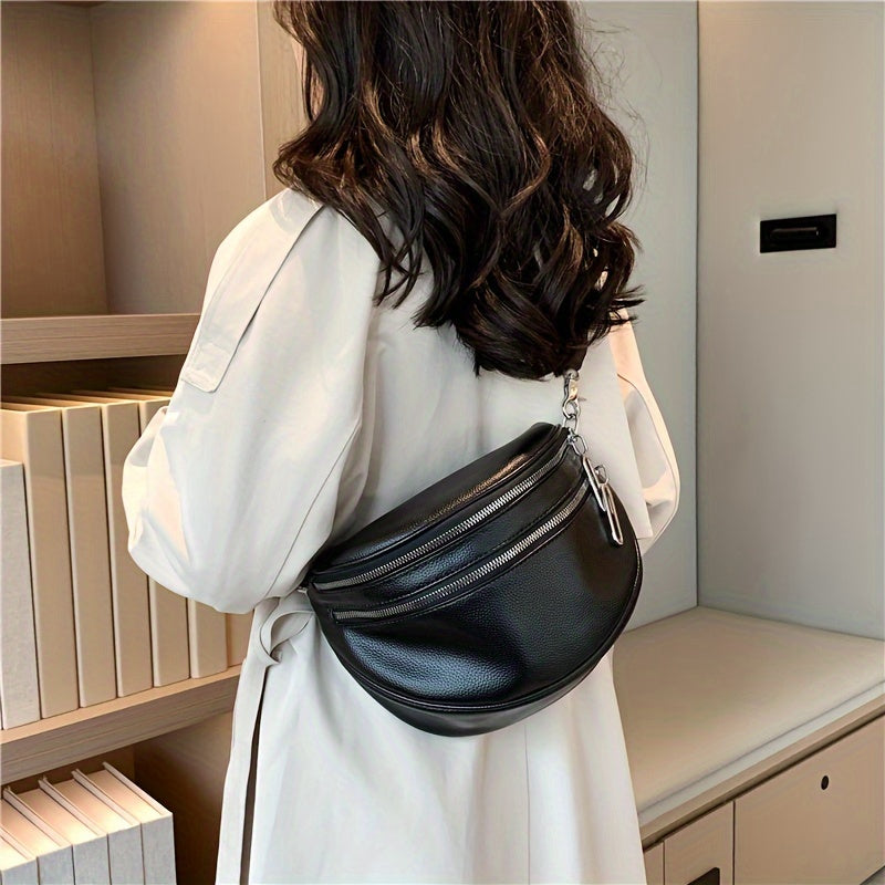 Black Synthetic Leather Crossbody Bag with Adjustable Striped Strap - Large Capacity Shoulder Messenger Bag for Women, Zipper Closure, Polyester Lining, Versatile Solid Color Design