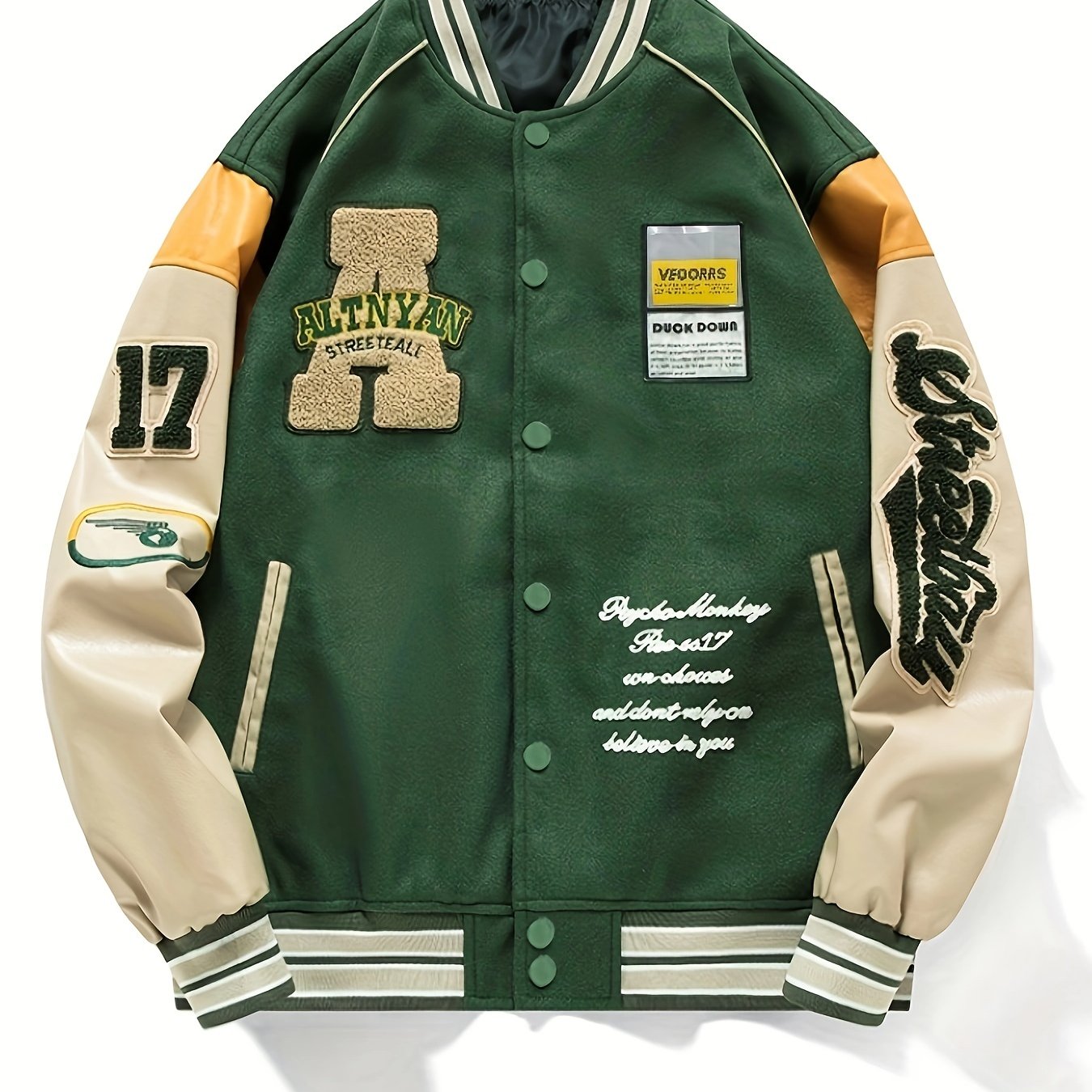 Loose Vintage Baseball Jacket With Embroidered Letters Print For Men, Color Block Sports Button Up Jacket With Pockets, Spring Fall Outdoor