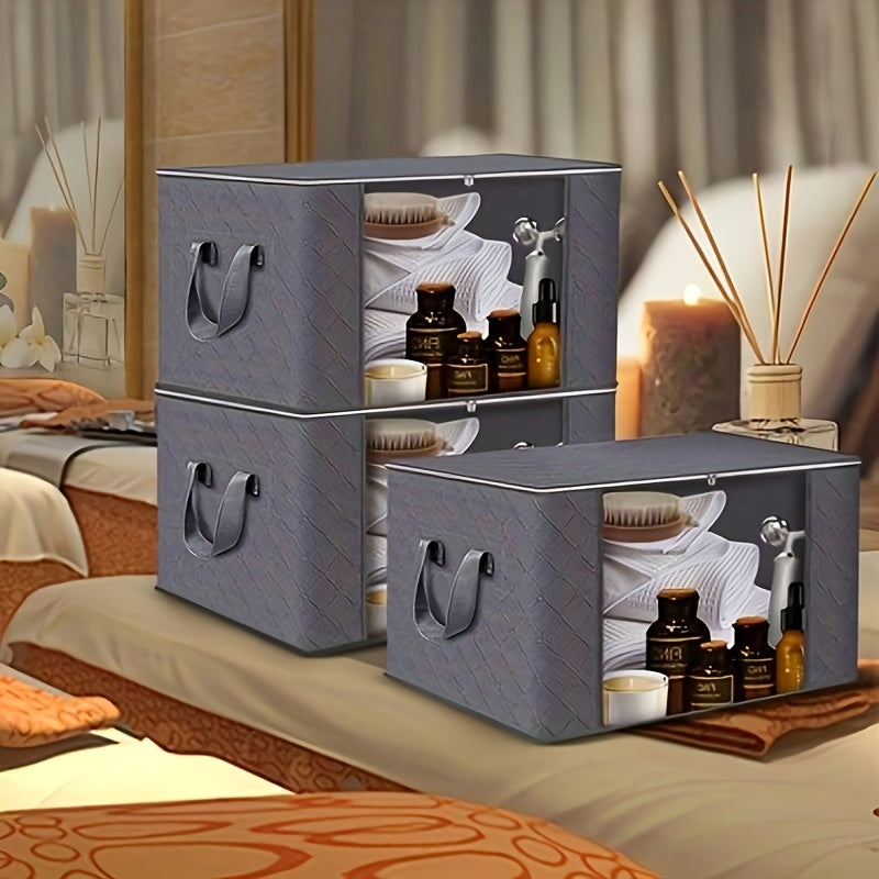 3-Pack Large Capacity Foldable Fabric Storage Bins - Ideal for Bedding, Clothes, Pillows, Quilts - Perfect for Home, Bedroom, Dorm, Spa Wardrobes - Grey Woven Material, No Electricity Needed