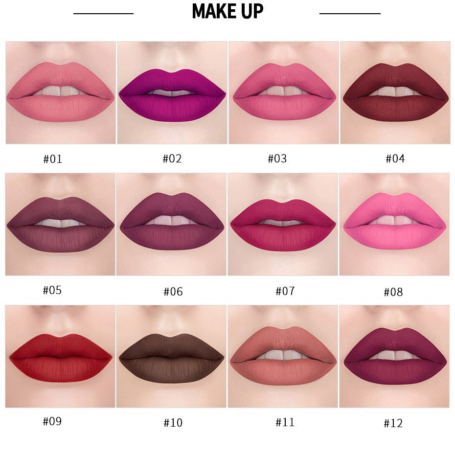 Waterproof Long Lasting Matte Lipstick Cosmetic Makeup Liquid Lip Gloss, 12 Colors Contain Plant Squalene