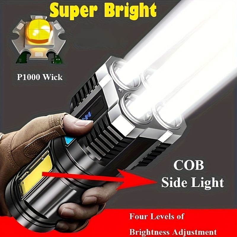 1pc LED Flashlight, Powerful 4 LED Flashlight With COB Side Light, 4 Modes USB Rechargeable LED Torch, Waterproof Built In Battery Flashlight, Camping Tool