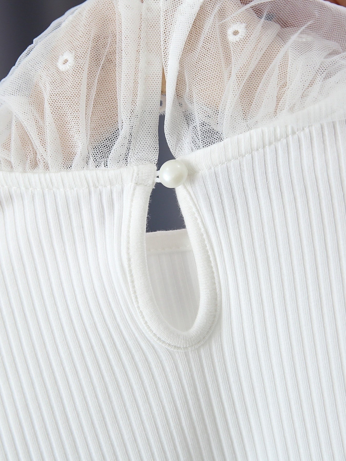 Girls Long Puff Sleeve Flower Lace Splicing Ruffles Round Neck Ribbed T-Shirts Tops Kids Clothes